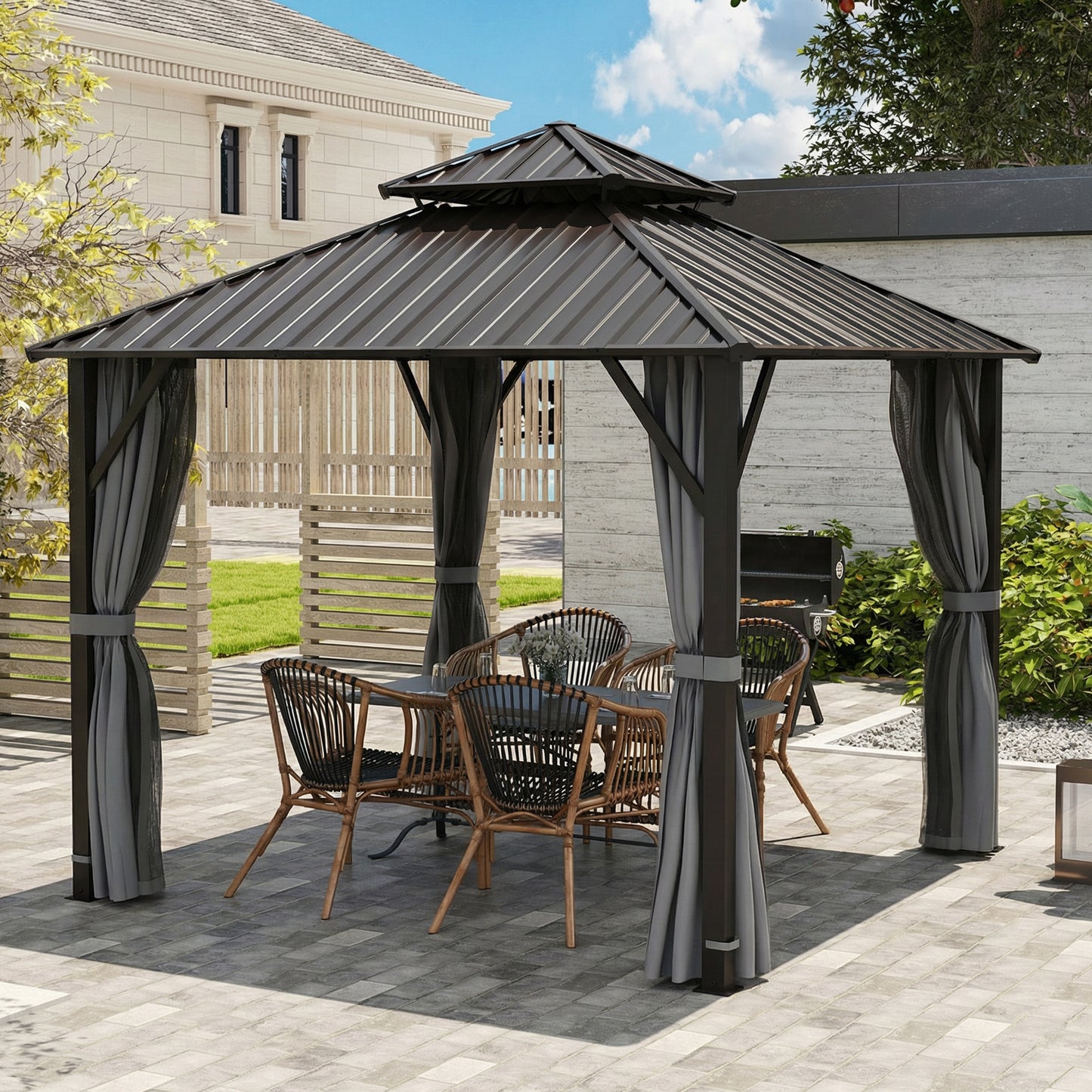 3 x 3(m) Hardtop Gazebo with Metal Roof, Netting and Curtains, Grey