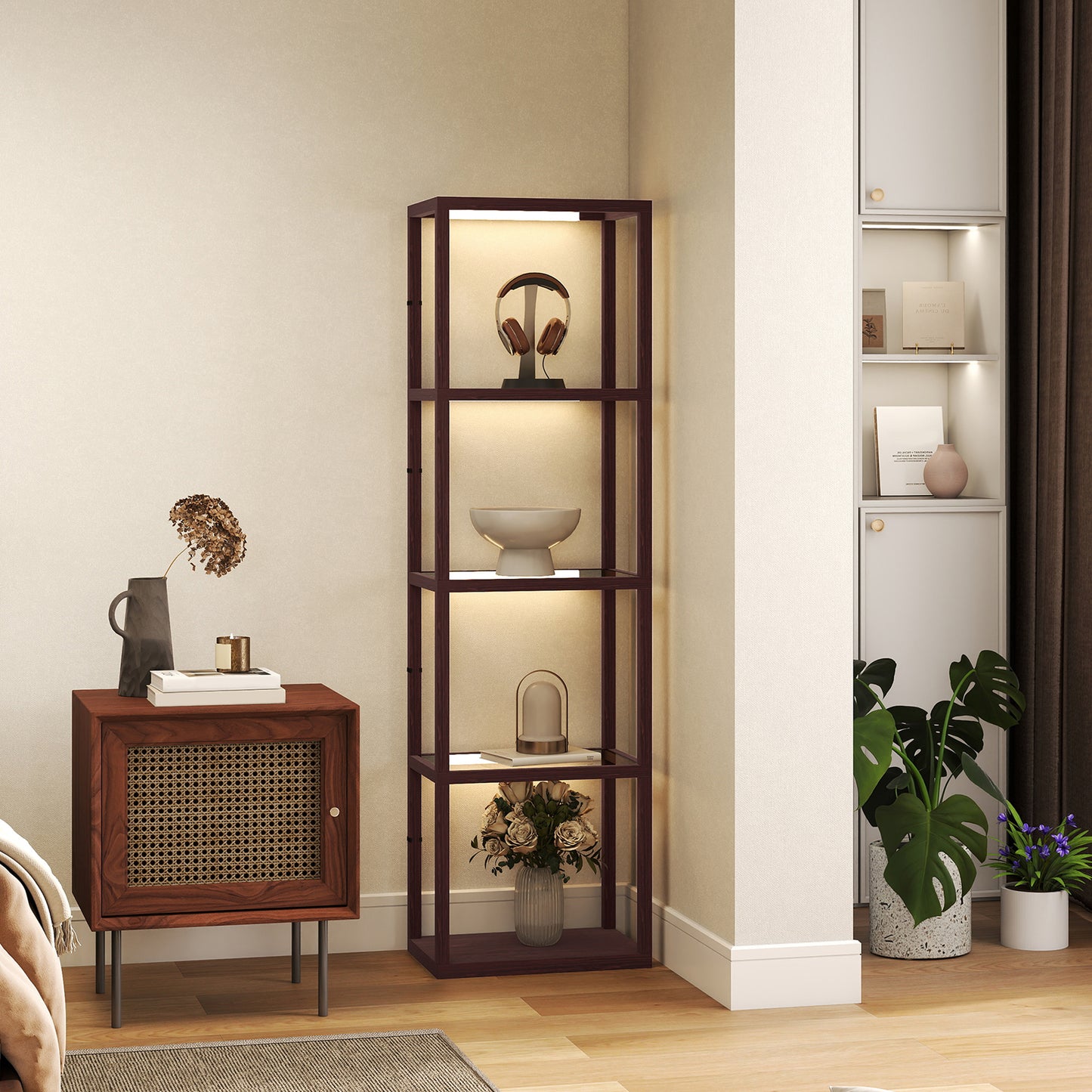 LED Floor Lamp with Glass Shelves, Dimmable Living Room Lamp, Brown