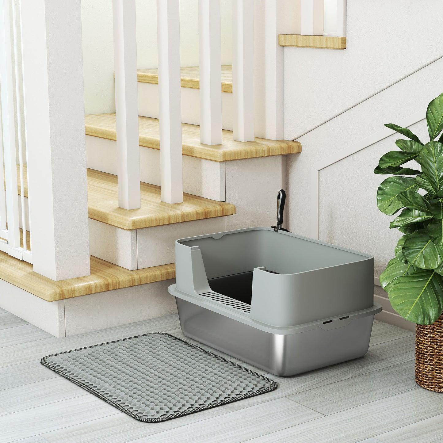 Stainless Steel Litter Box with Scoop, High Sided Cat Litter Tray
