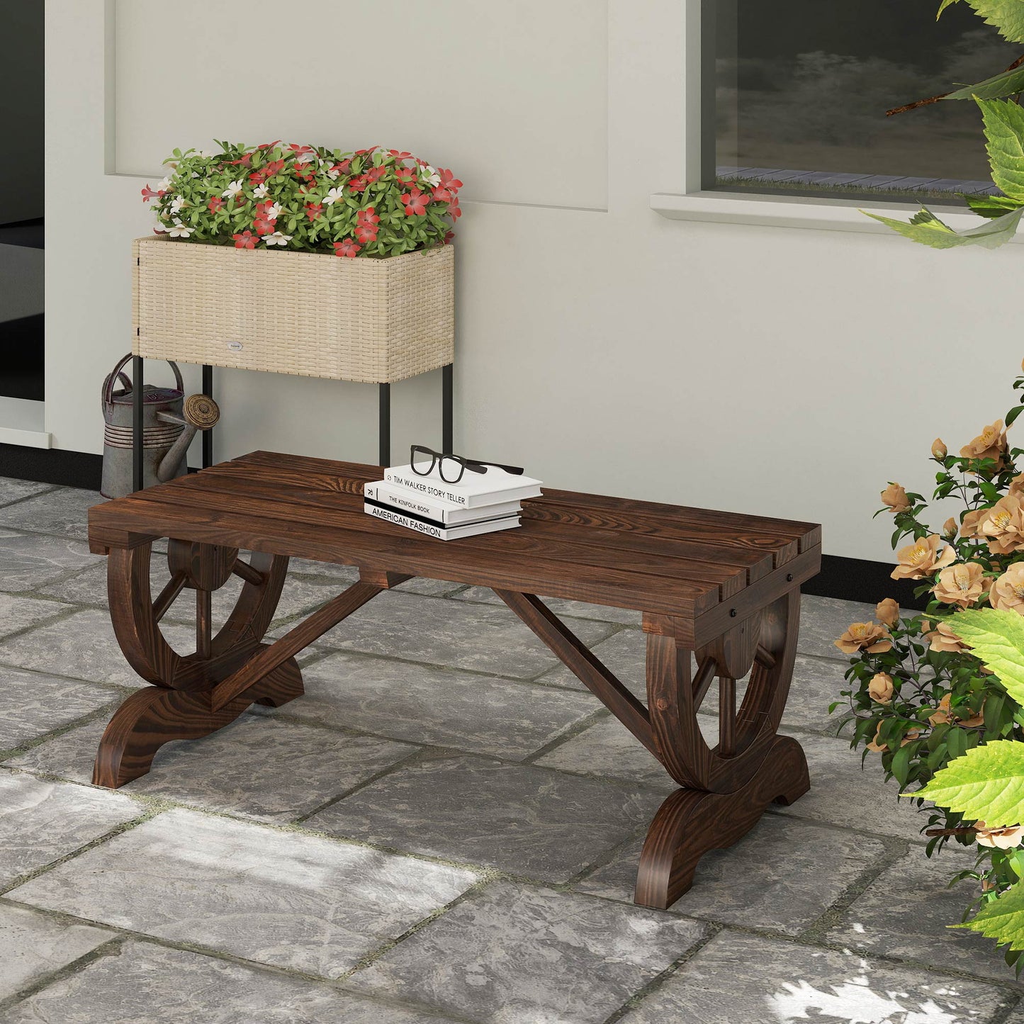 Wooden Wheel Bench Rustic Outdoor Patio Garden Seat 2-Person Brown