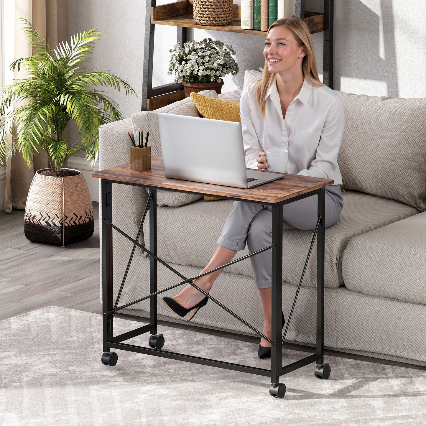 Folding Desk on Wheels, Writing Table for Home Office, Brown