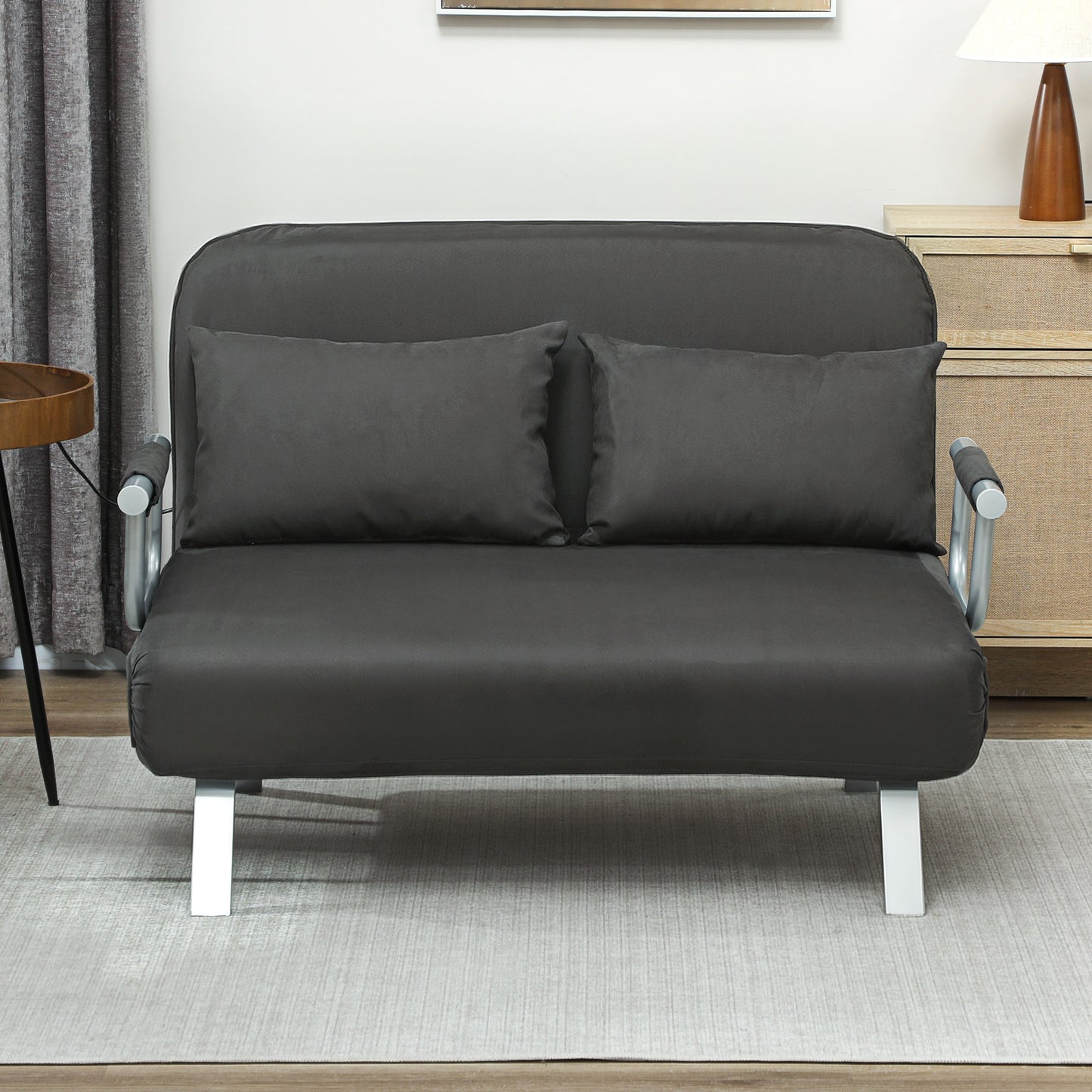 Fabric Convertible 2 Seater Sofa Bed w/ 2 Pillows, Charcoal Grey