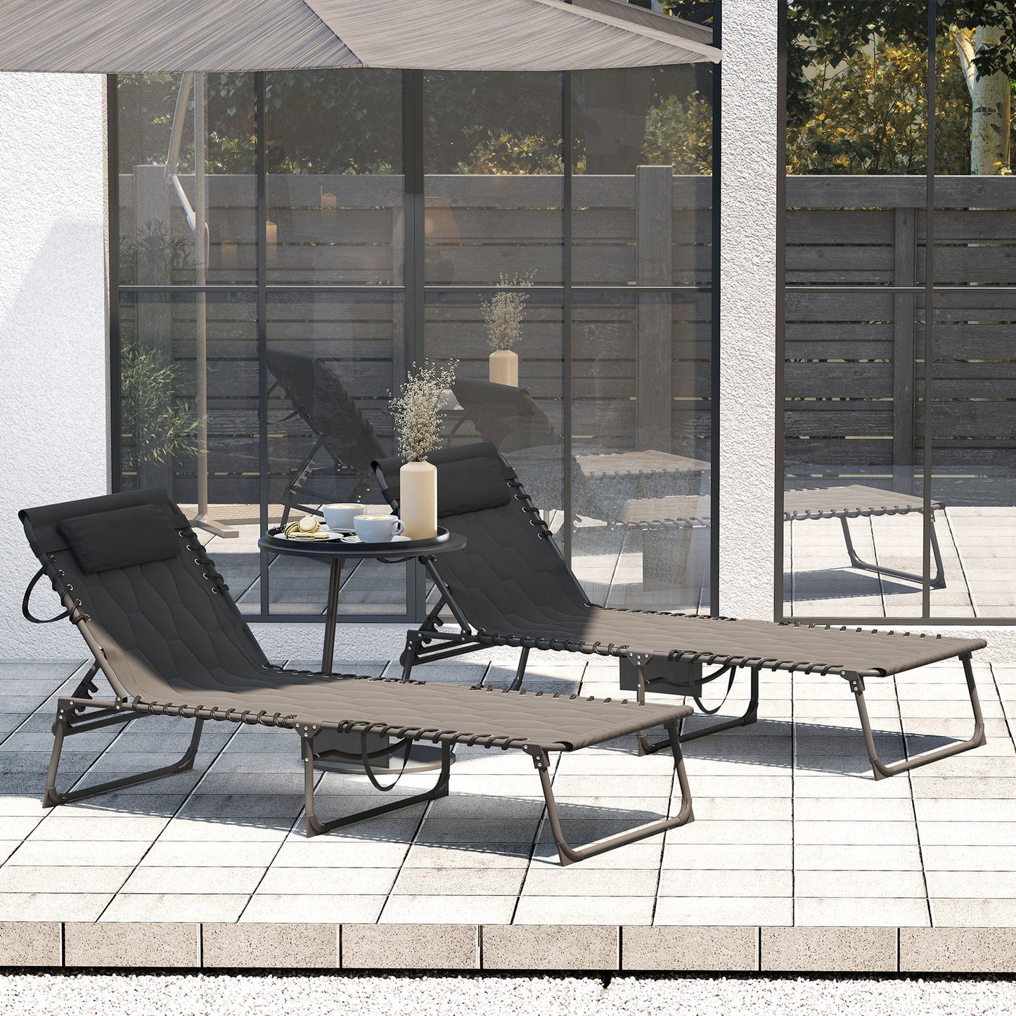 2 Pieces Foldable Sun Lounger Set with Padded Seat, Black