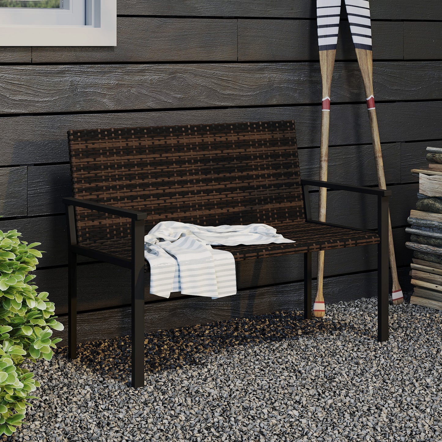 Rattan Garden Bench Loveseat with Quick-Drying Padding, Mixed Brown