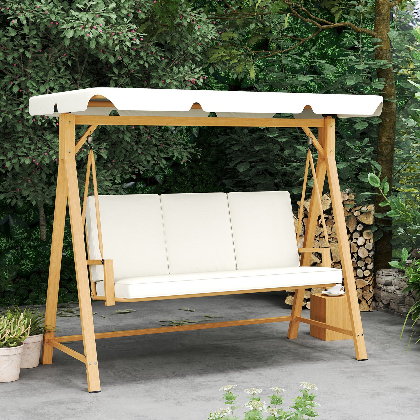 3 Seater Garden Swing Seat with Adjustable Canopy and Cushion Beige