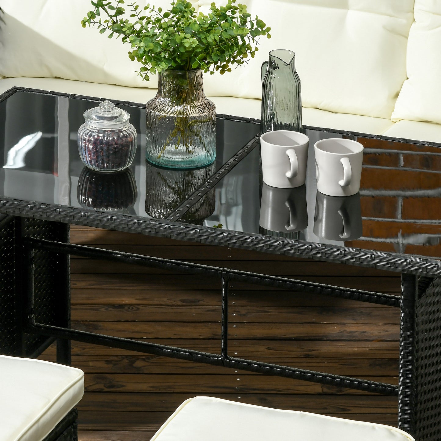 5 Seater Rattan Garden Furniture Set Wicker Armchairs Footstools and Glass Table Patio Rattan Sets with Cushions, Black