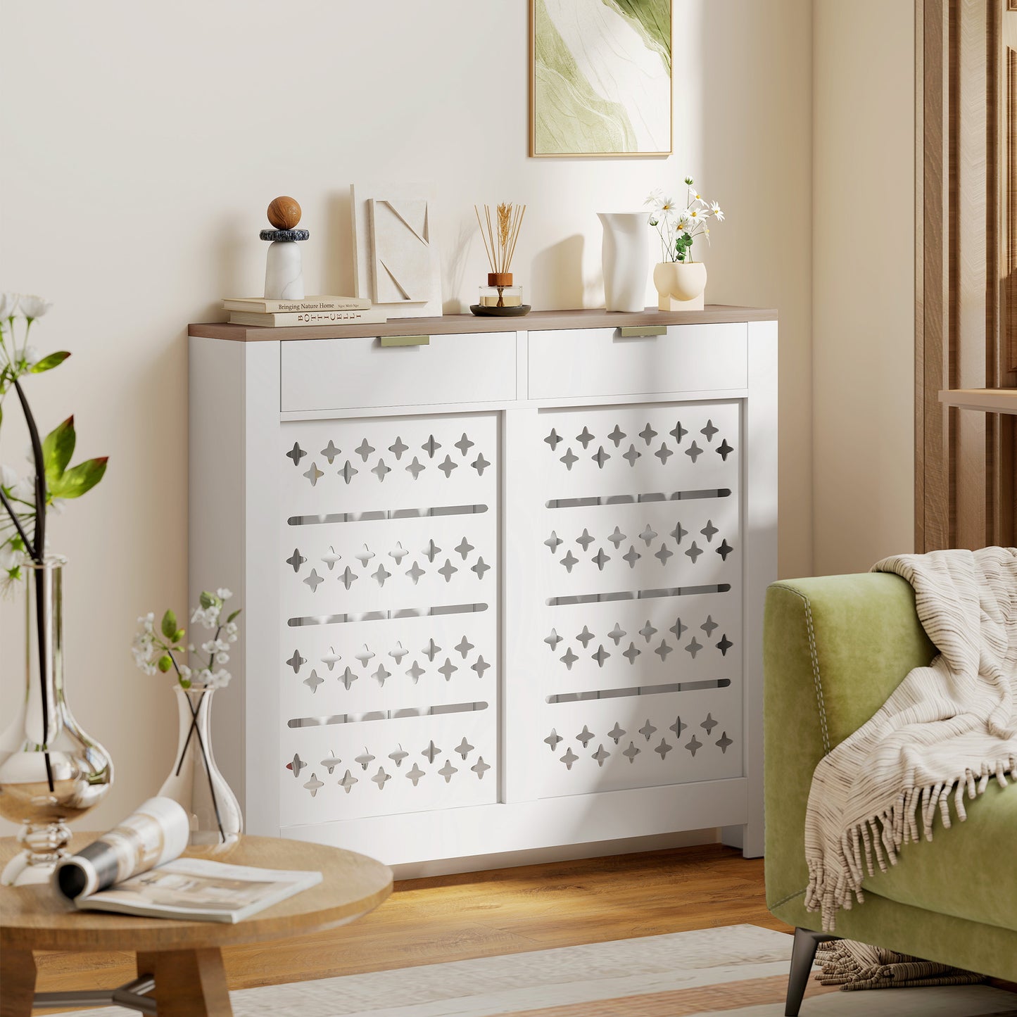 Heater Cover with Flip Drawer and Top Shelf 108 x 19 x 95.5 cm White