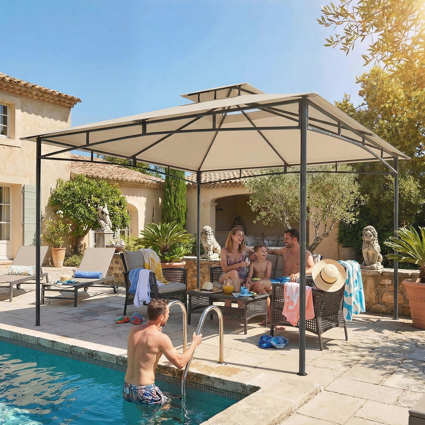 Outsunny 3 x 3 m Gazebo, Outdoor Gazebo Canopy with 2-Tier Roof, Khaki