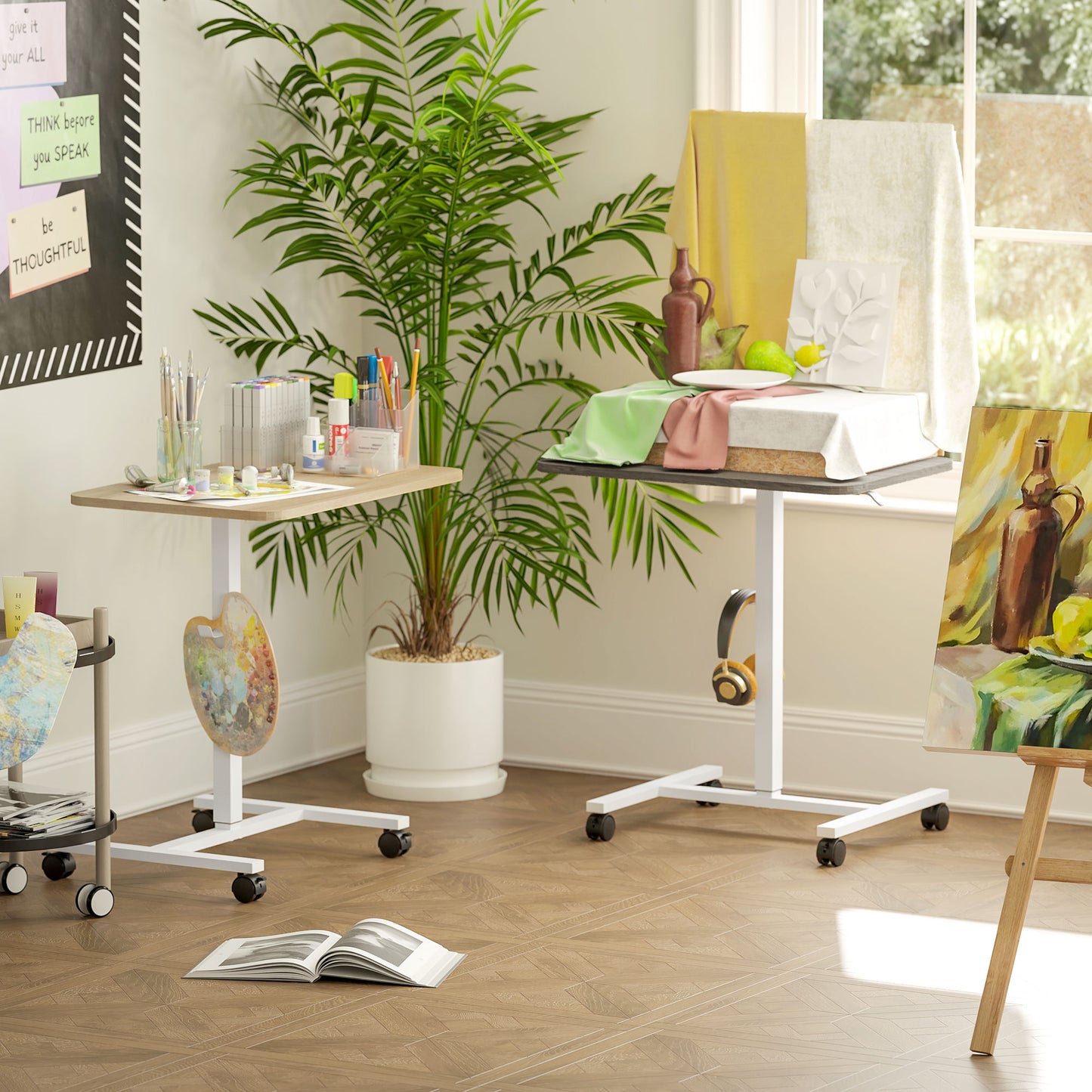 Standing Desk Mobile Overbed Table w/ Wheels for Home Office Natural