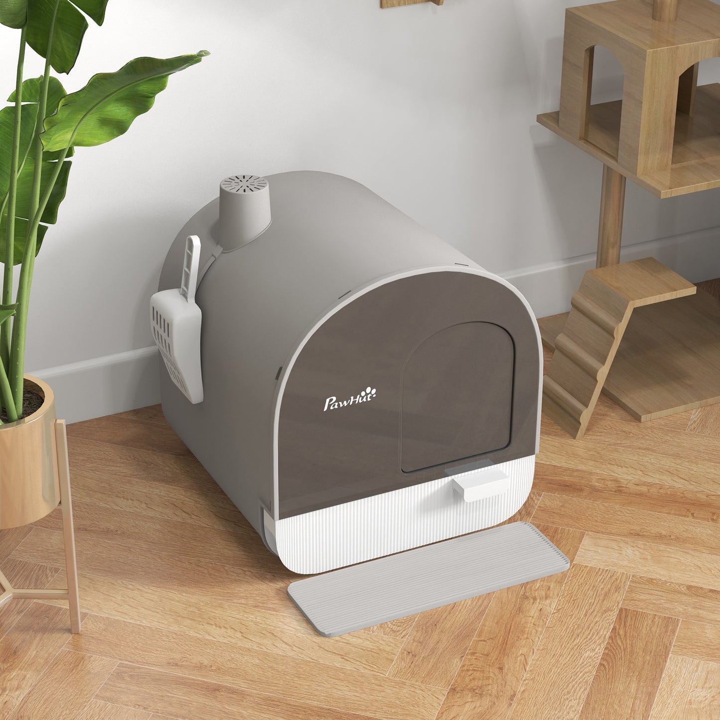 Cat Litter Box Kitten Litter Tray w/ Lid, Scoop, Filter, Flap Door, Grey