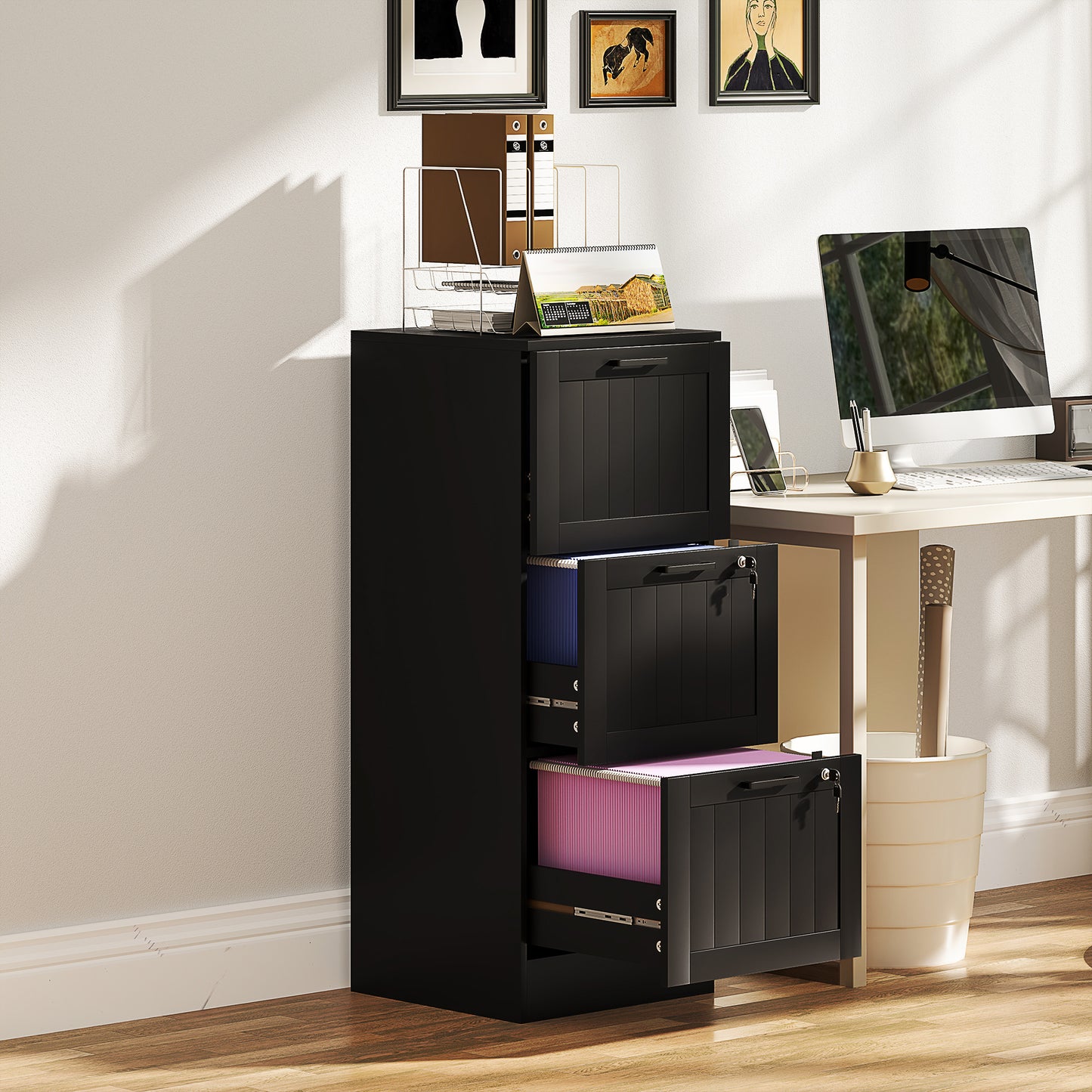 3 Drawer File Cabinet with Lock and Adjustable Hanging Bars, Black