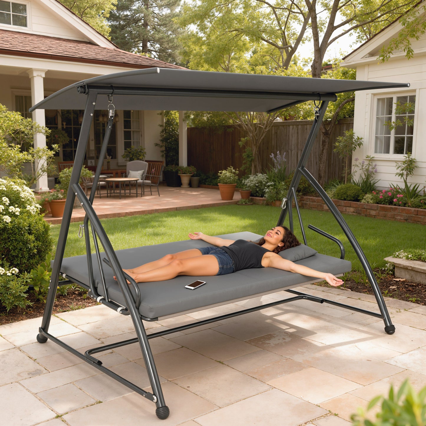 2-in-1 Swing Chair 3 Seater Hammock Cushion Bed Tilt Canopy Grey