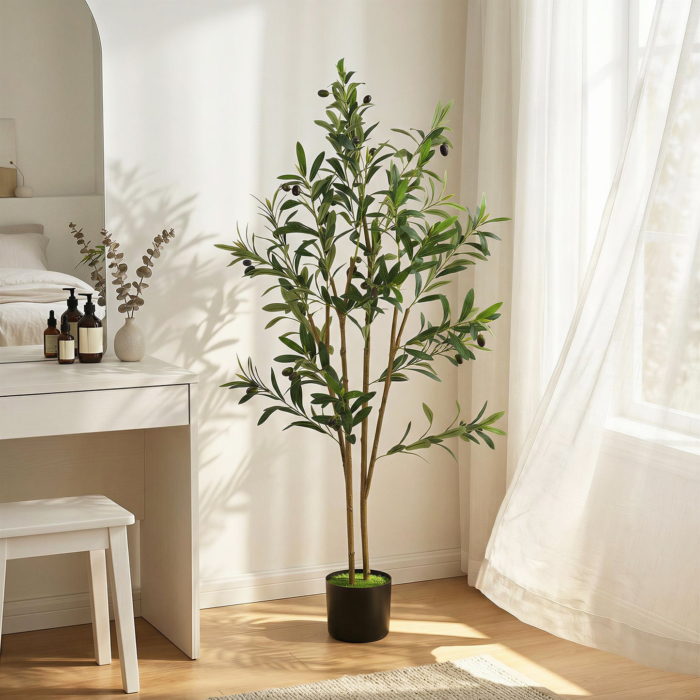 120 cm Decorative Artificial Plant, Silk Olive Tree with 303 Leaves in Cement Pot, Fake Plant for Home, Office, Living Room, Indoor Decor