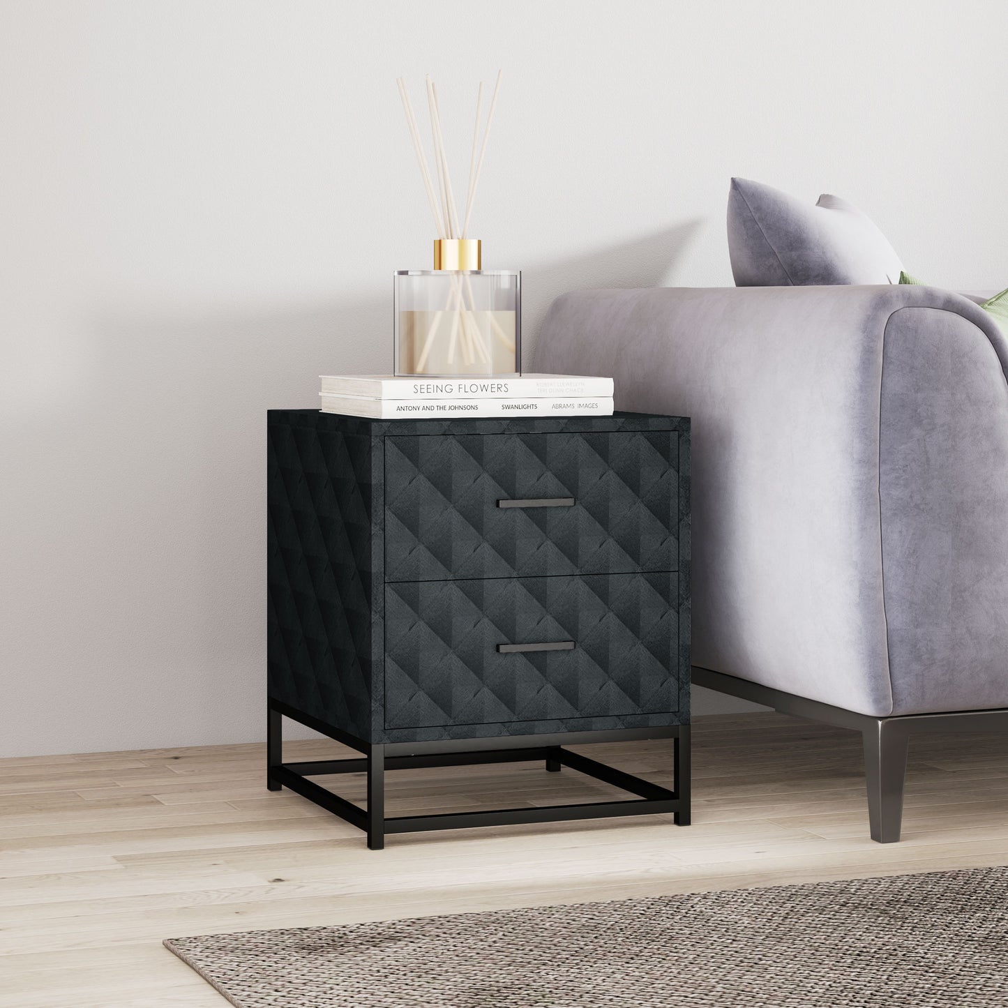 Bedside Table Set of 2, Nightstand with 2 Drawers, Steel Legs, Black