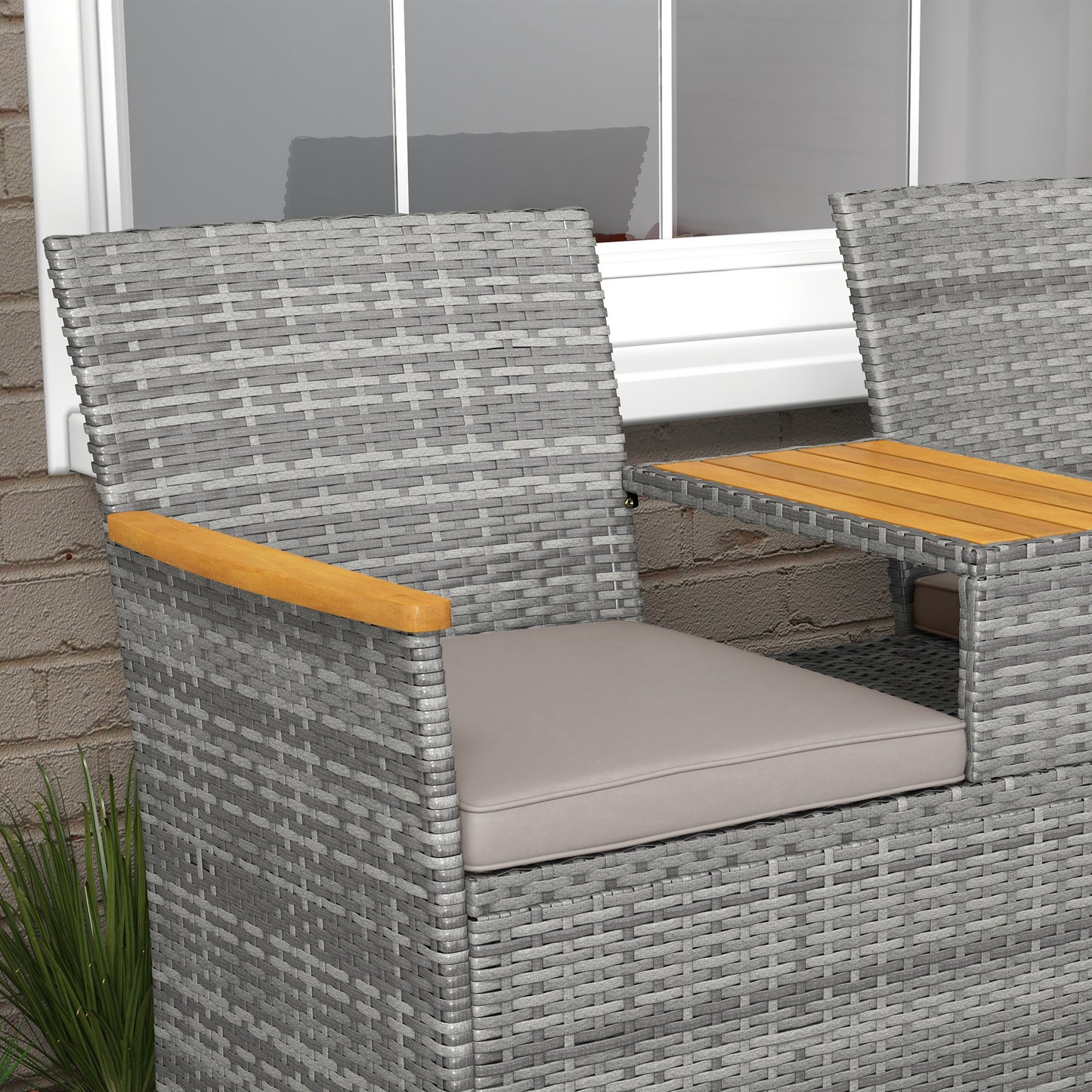 Rattan Garden Bench w/ Wood Top Table, Wicker Chair w/ Cushions, Grey