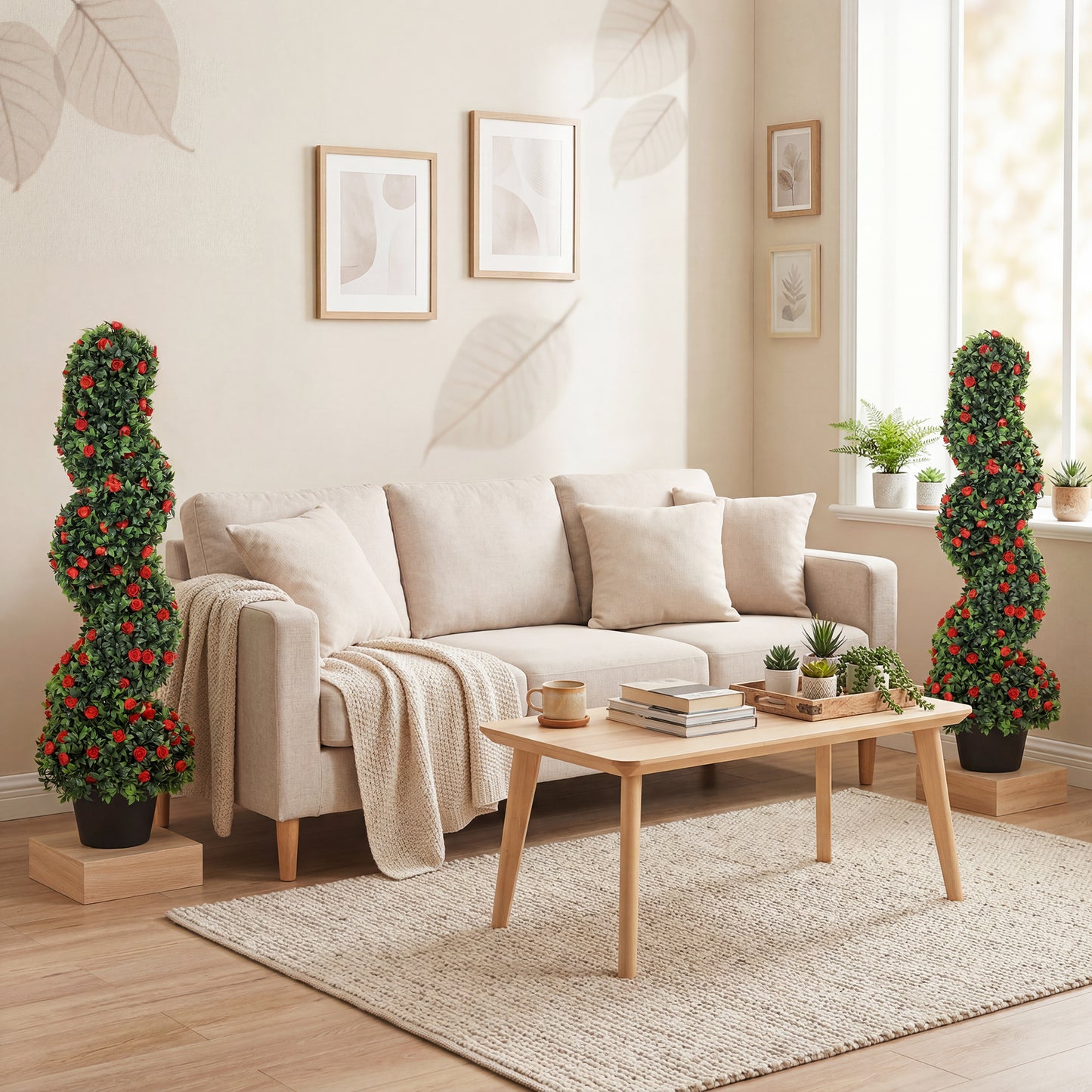 Artificial Rose Spiral Topiary Tree for Indoor Outdoor, Set of 2