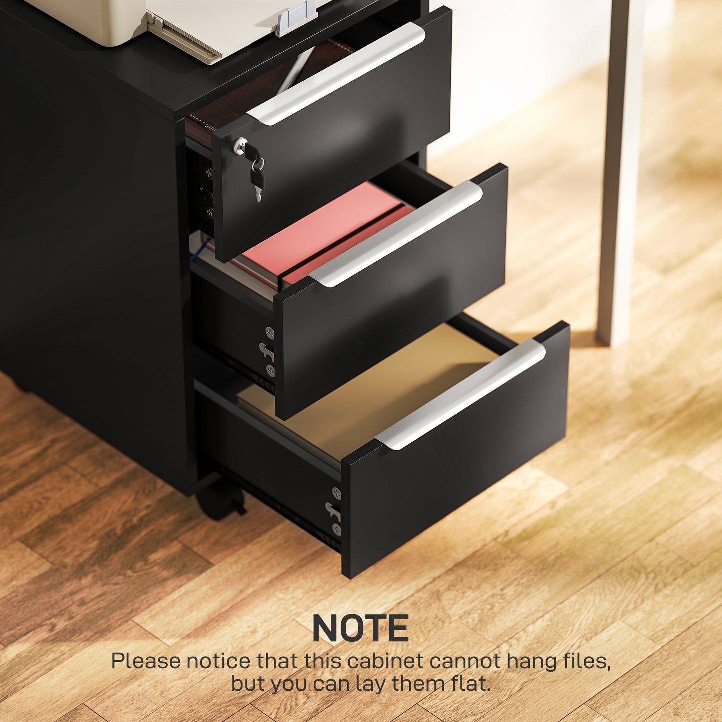 Modern 3-Drawer Locking File Cabinet Mobile Filing Cabinet Black