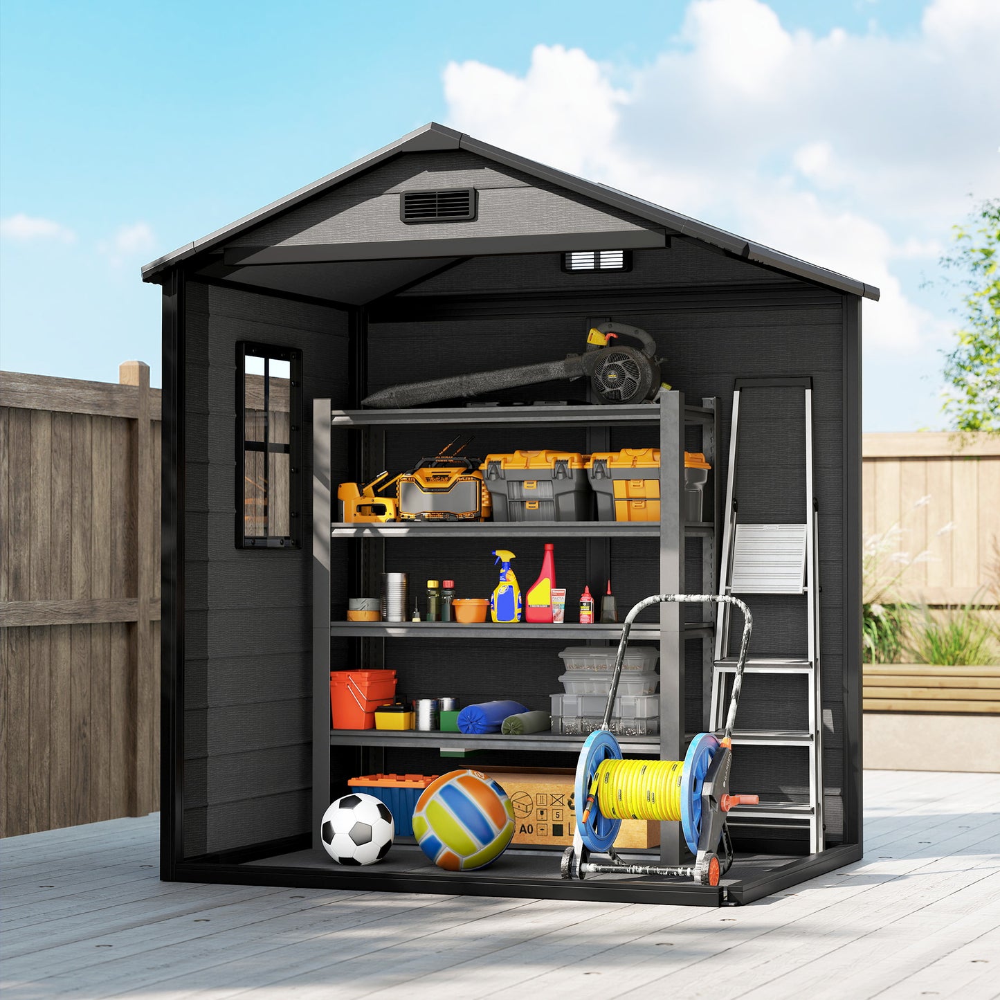 6 x 4.5FT Plastic Garden Shed with Floor, All Weather Resin Outdoor Storage Shed, Lockable Tool Storage with Window, Vent and Pent Roof for Patio Lawn, Dark Grey
