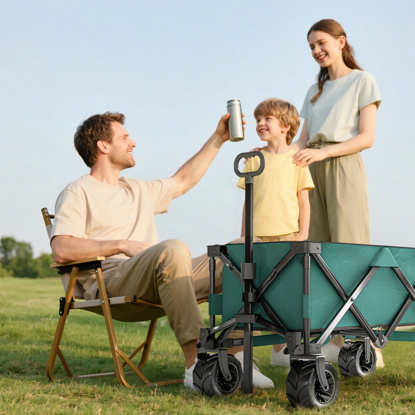 Outdoor Cart Folding Cargo Wagon Trailer Beach w/ Handle Green