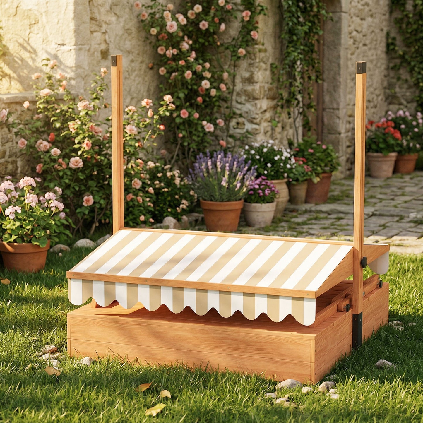 Kids Sand Pit with Lid, Wooden Sandpit with Foldable Picnic Table