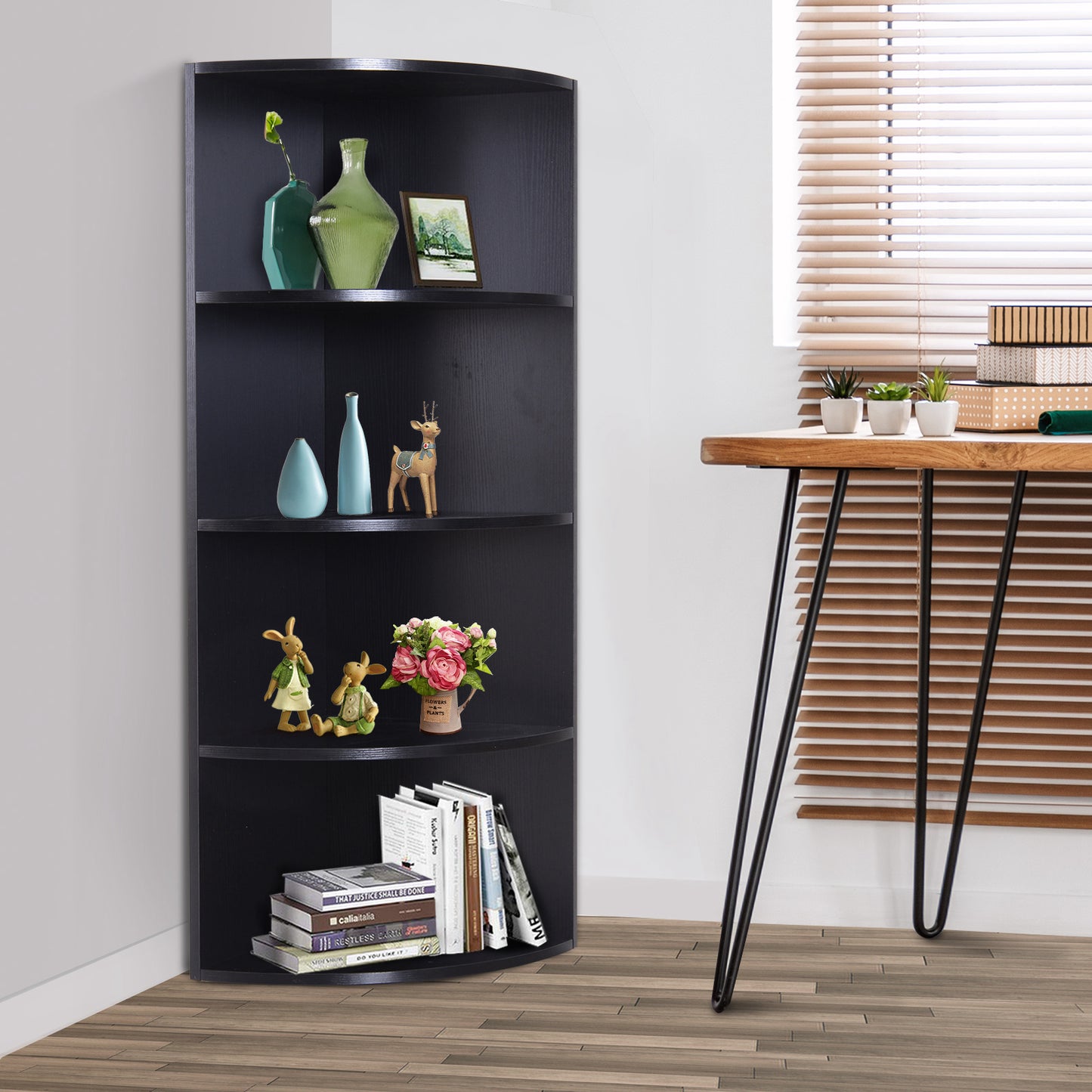 4 Tier Wood Corner Shelf Unit Freestanding Fan Bookshelf Plants Stand
