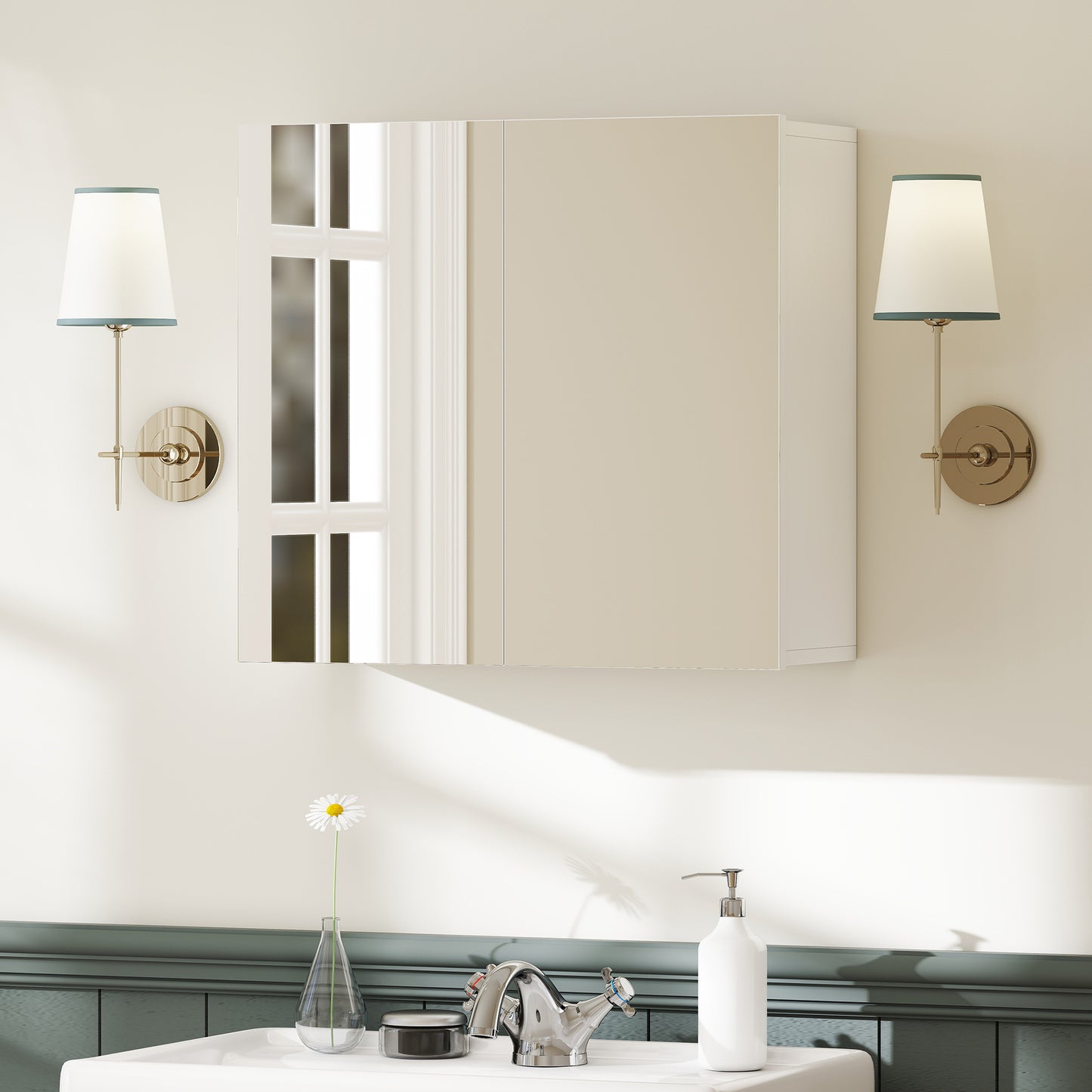 Bathroom Mirror Cabinet with 2 Doors and Adjustable Shelf, White