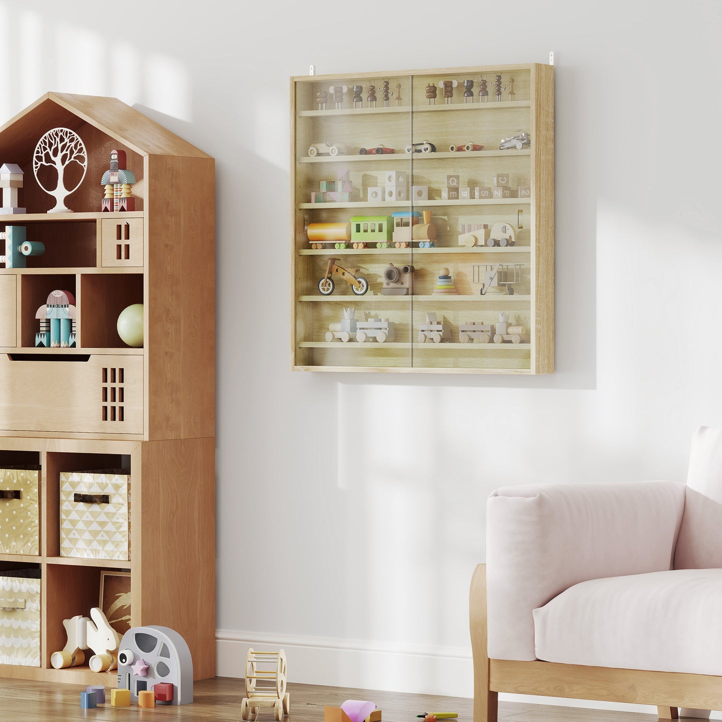 7-Tier Wall Display Cabinet w/ Shelves Glass Doors, Oak