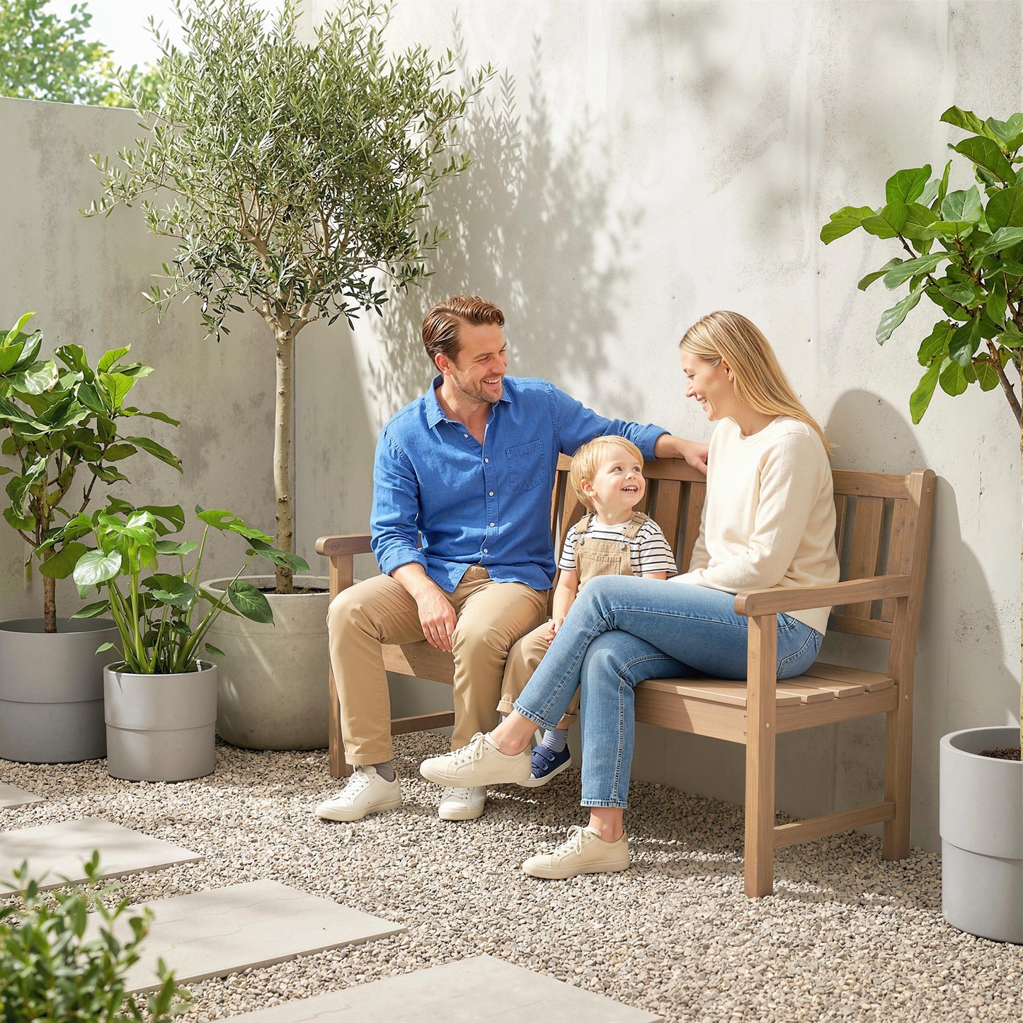Wooden Garden Loveseat Bench with Table and Hidden Shelf, Teak