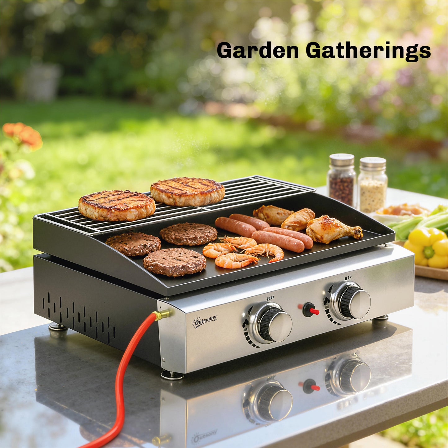 2 Burner Grill Griddle, Tabletop Gas BBQ with Grease Cup, Black