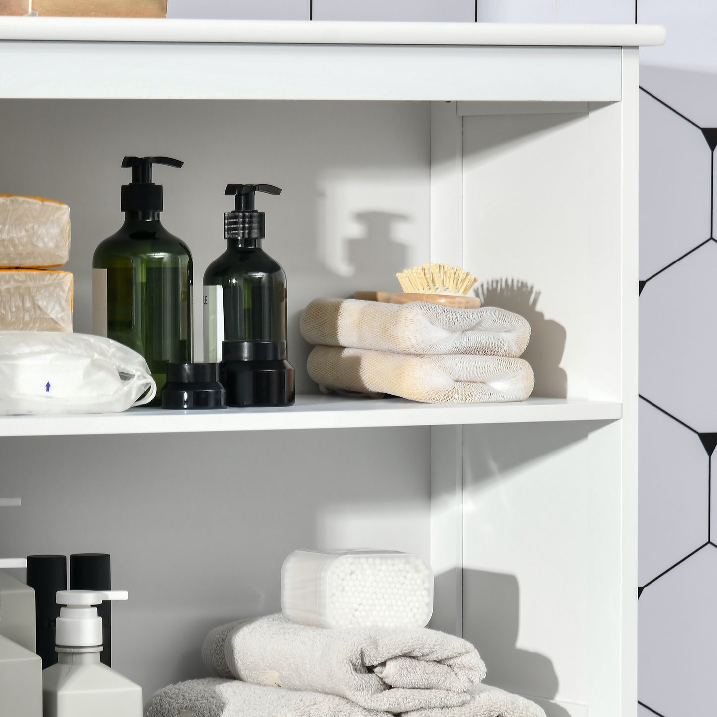 Kitchen Cupboard Storage Cabinet Adjustable Shelves, Glass Doors, White