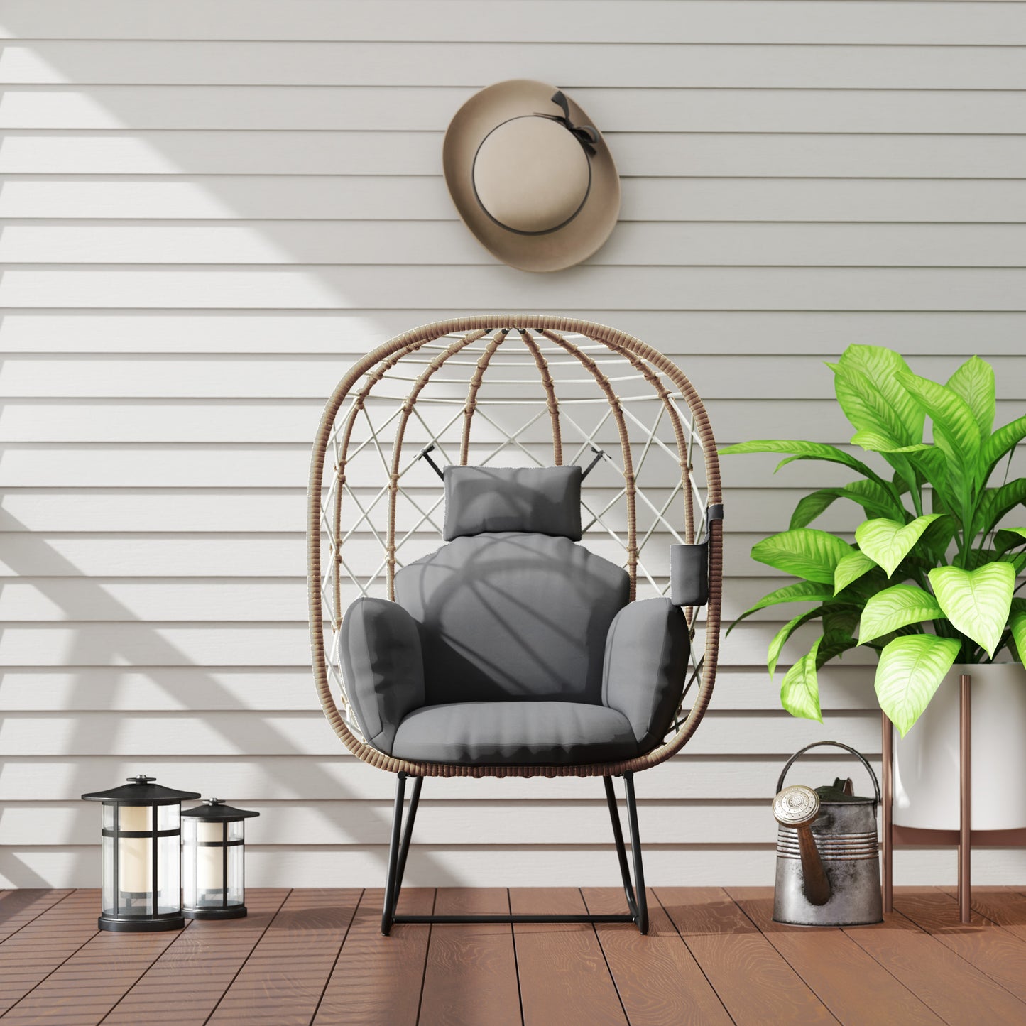 Rattan Garden Egg Chair with Thickened Cushion, Headrest, Brown