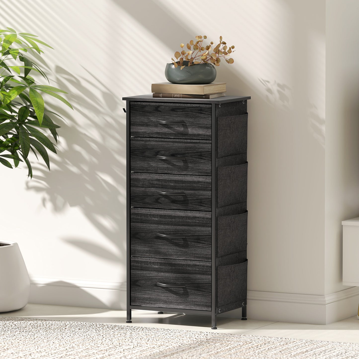 Fabric Chest of Drawers, 5 Drawer Dresser for Bedroom, Black