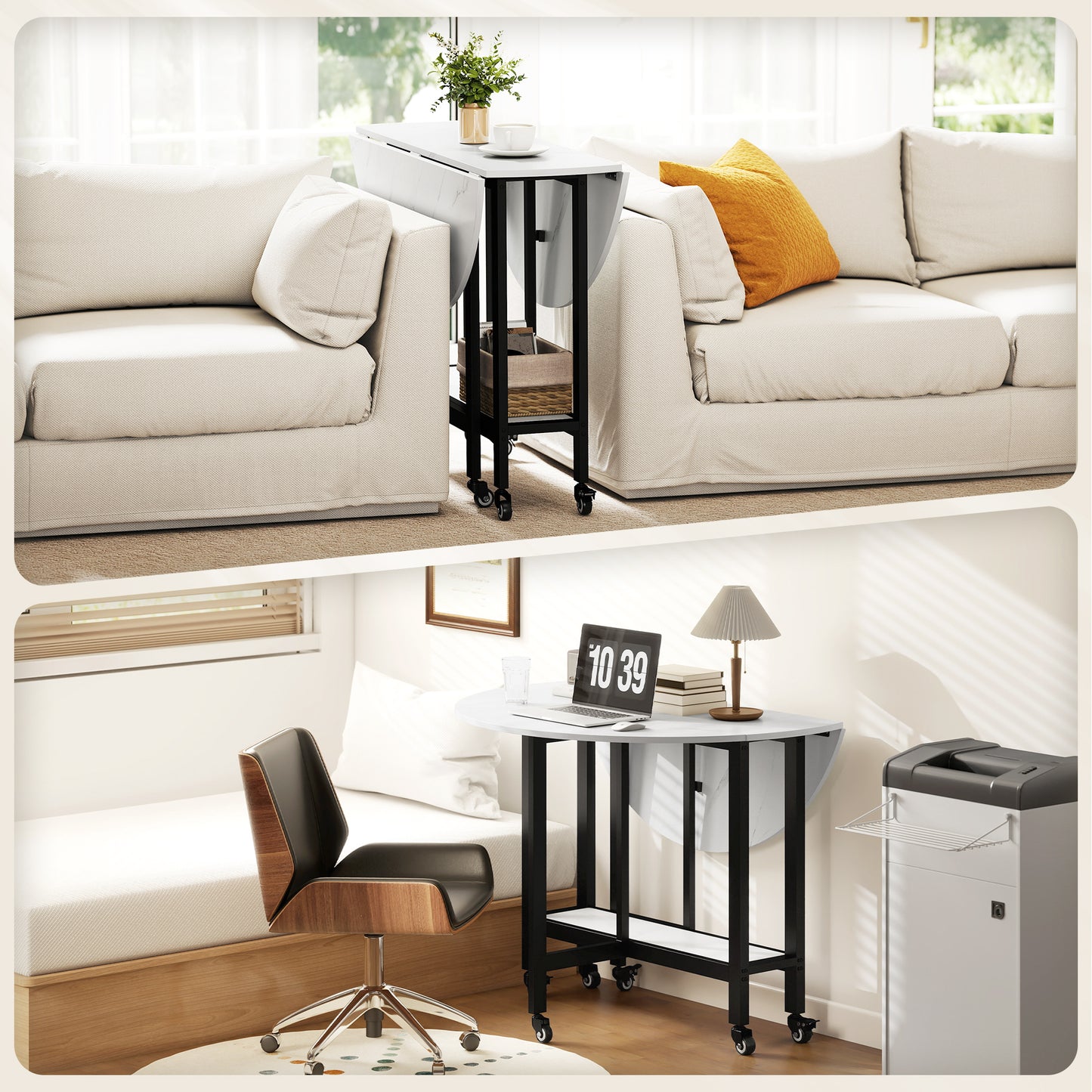 Folding Dining Table, Drop Leaf Table with Open Shelf, White Marble