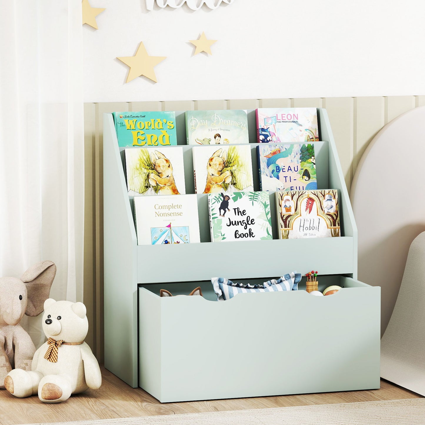 Kids Bookcase w/ 3 Tier Shelves, Drawer, for Bedroom, Nursery, Green