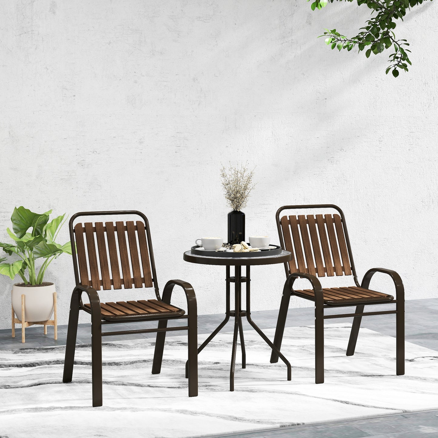 Stackable Patio Bistro Set, 3 Pieces Garden Furniture Set, Brown