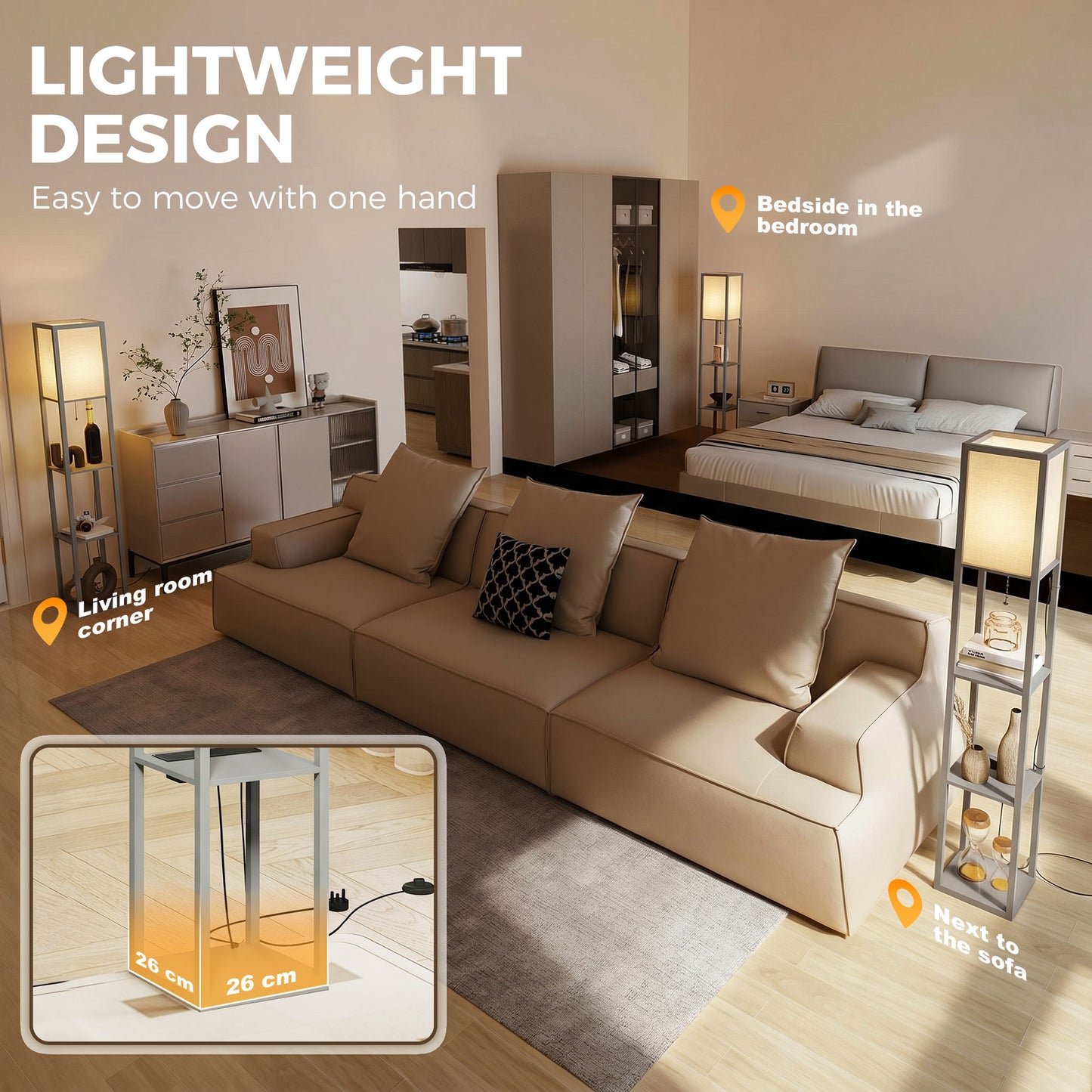 3-Tier Floor Lamp with Shelves and Storage, Modern Corner Standing Lamp with Lampshade, Reading Light with Foot Switch for Living Room, Bedroom, Home Office, LED Bulb Included, Grey