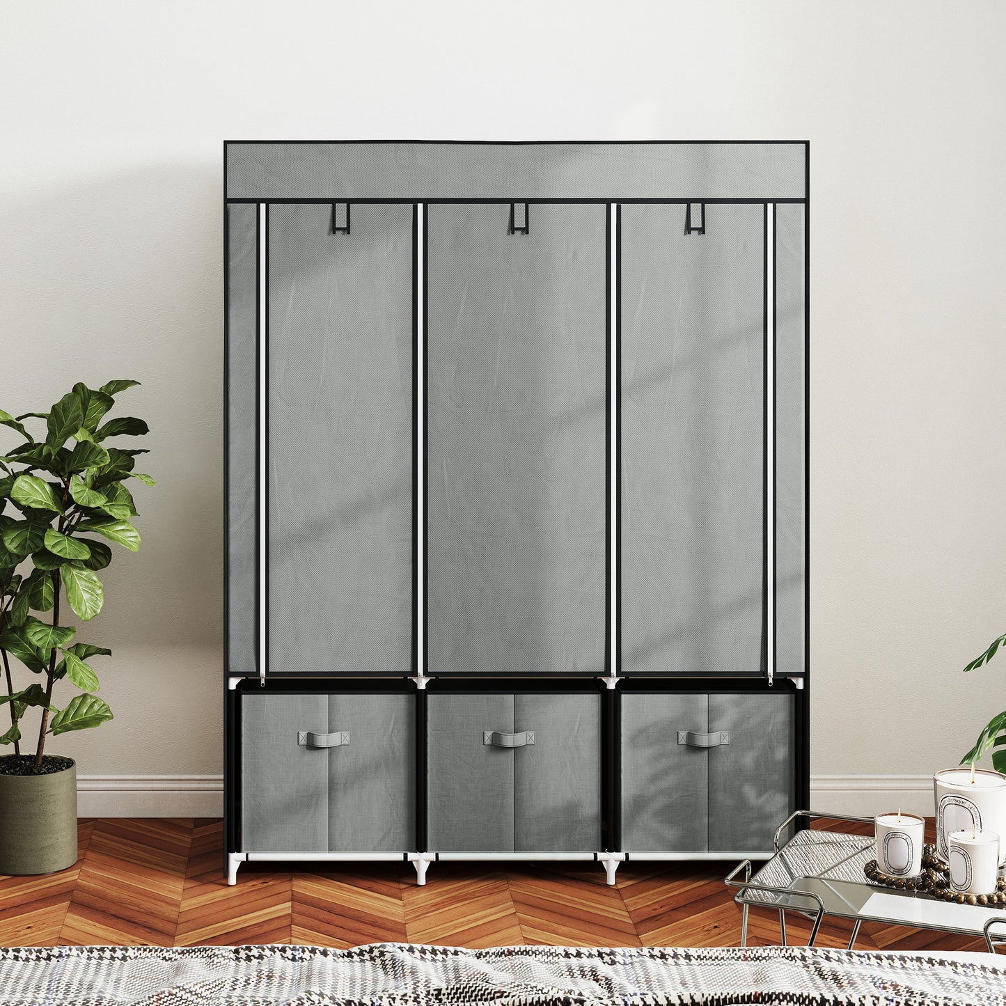 Portable Wardrobe w/ 5 Shelves 3 Fabric Drawers and 2 Hanging Rails Grey