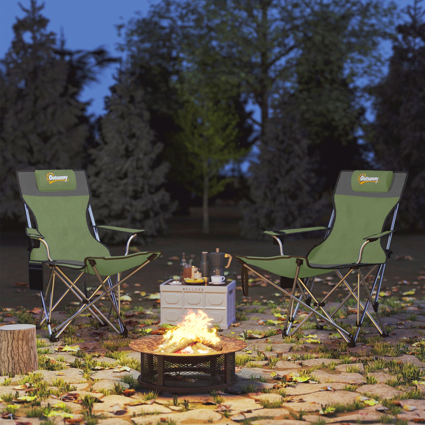 Set of 2 Reclining Camping Chairs, Olive Green and Grey