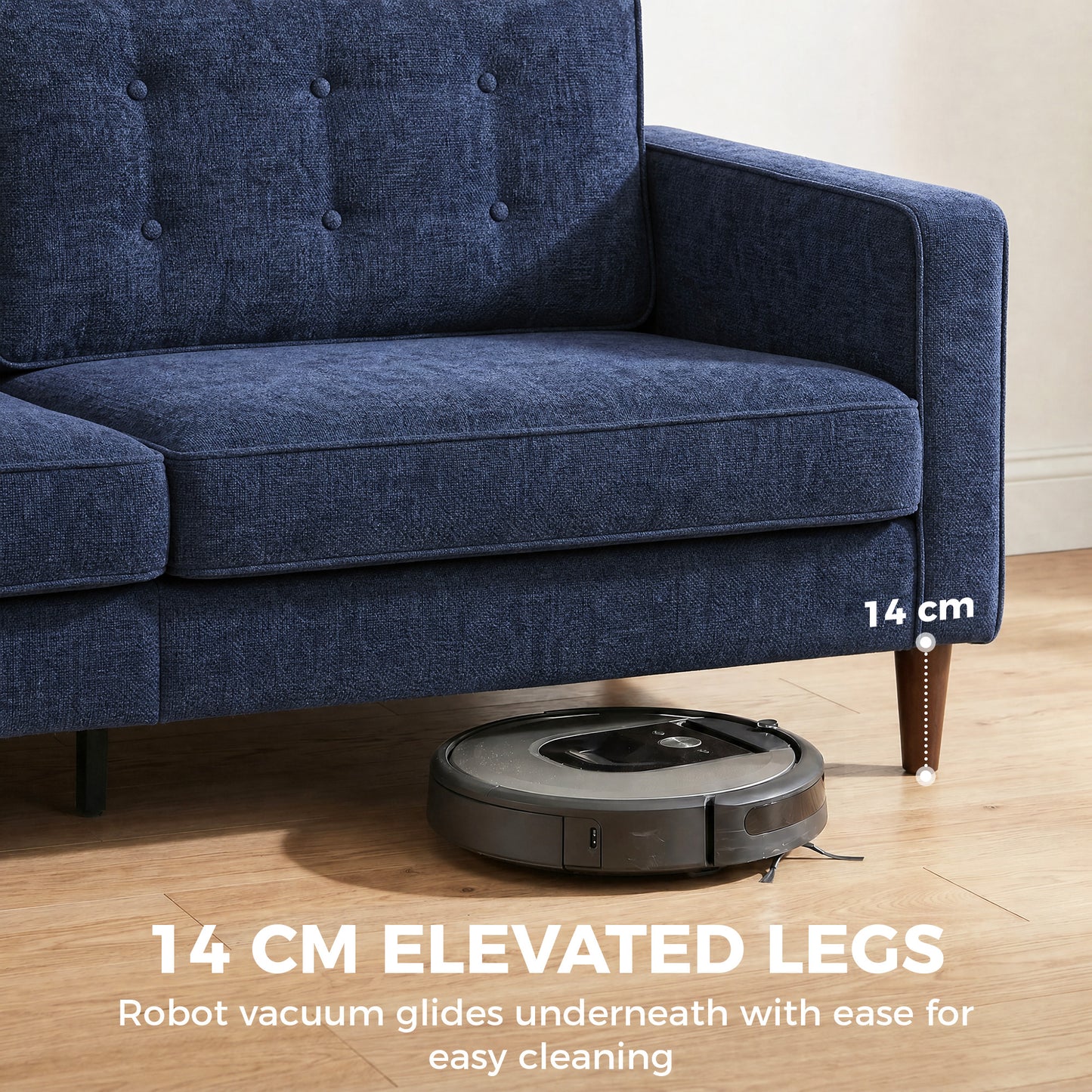 3 Seater Sofa, Upholstered Small Couch for Bedroom, Modern Futon Sofa Settee with Padded Cushion, Button Tufting and Wood Legs for Living Room, Dark Blue