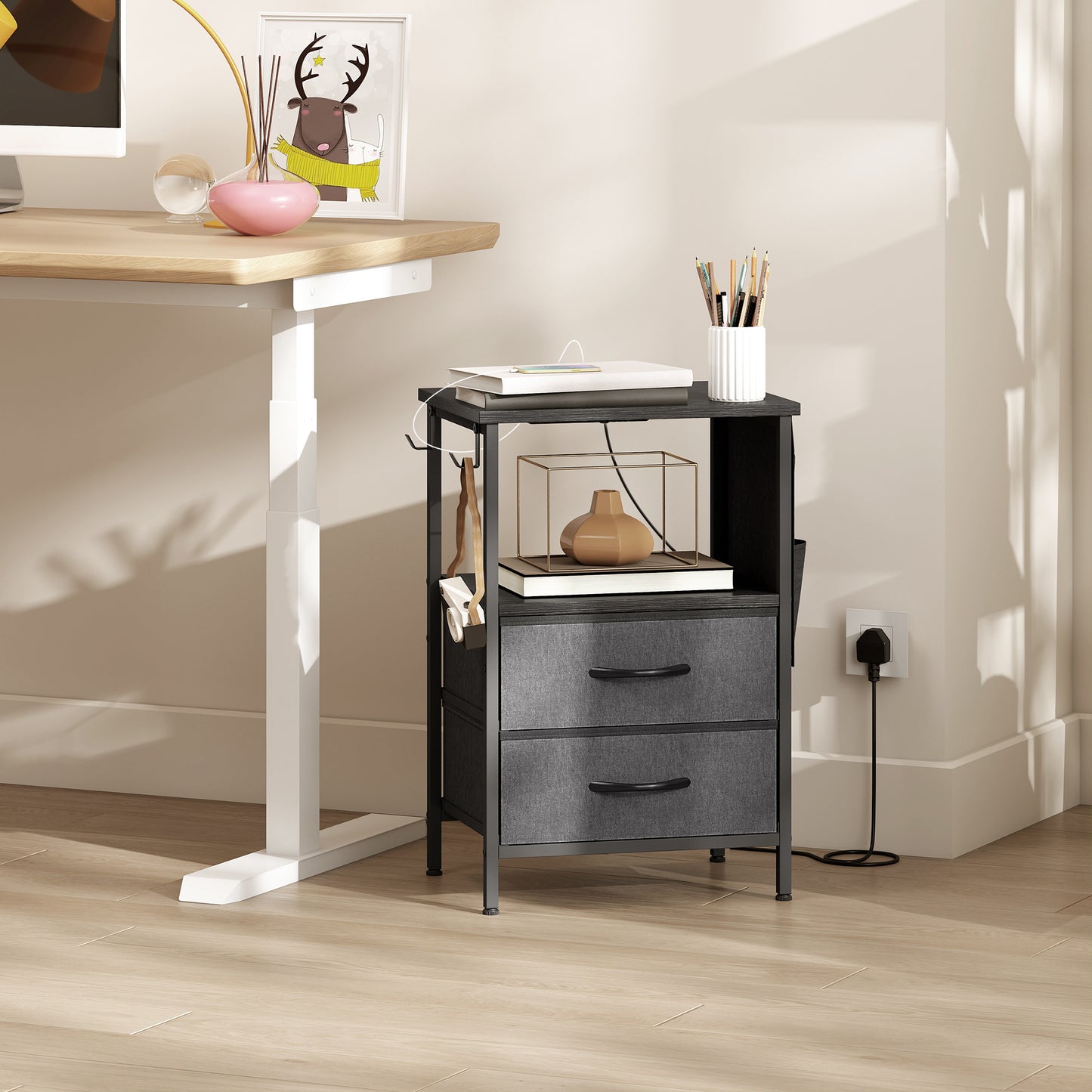 Slim Side Table with Charging Station, Bedside Table, Black
