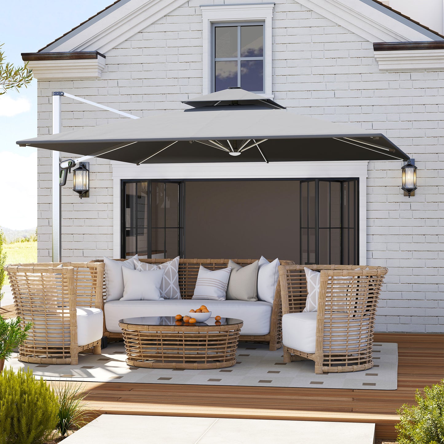 Garden Cantilever Parasol, Patio Umbrella w/ Solar LED Lights, Grey