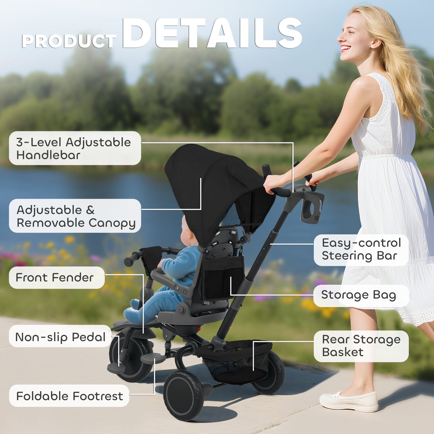 6 in 1 Kids Trike, Toddler Tricycle with Parent Handle, Black