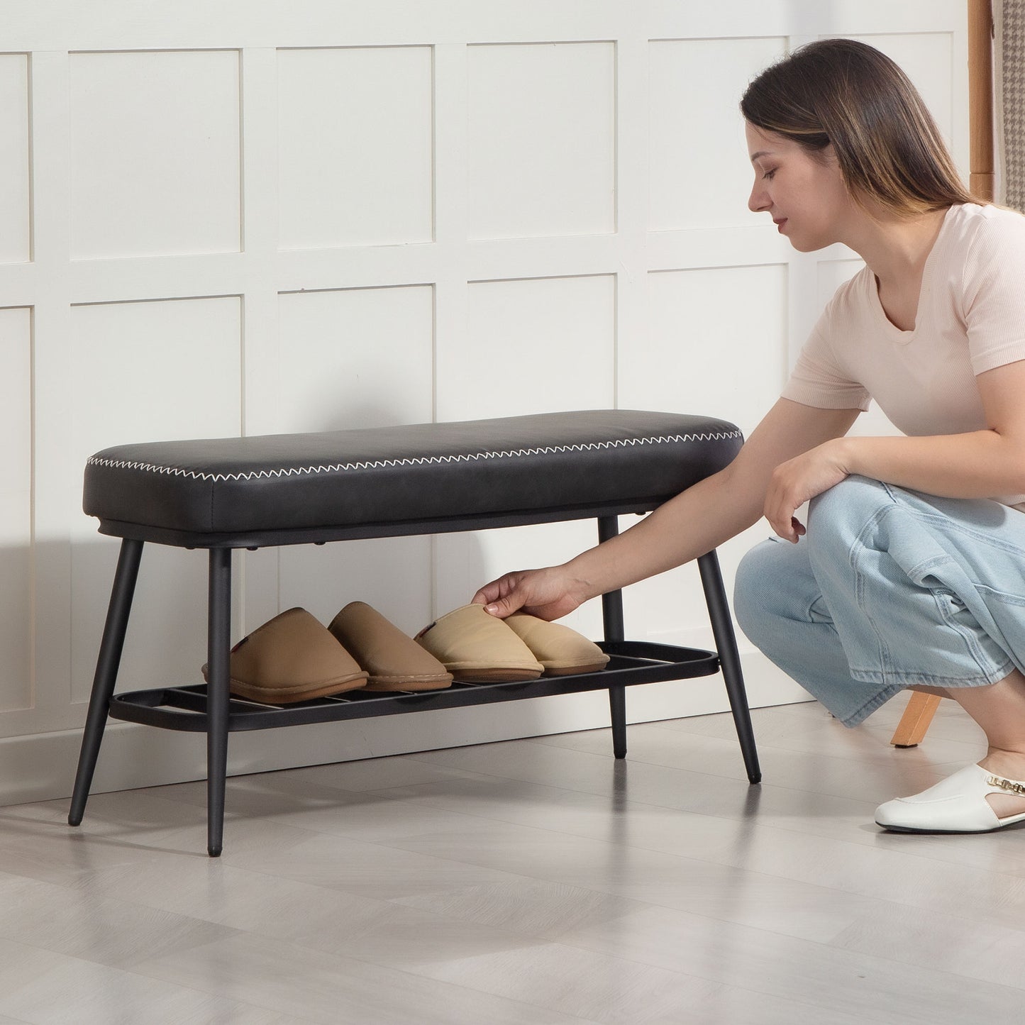 Shoe Bench, PU Leather Shoe Storage Bench for Entryway, Charcoal Grey