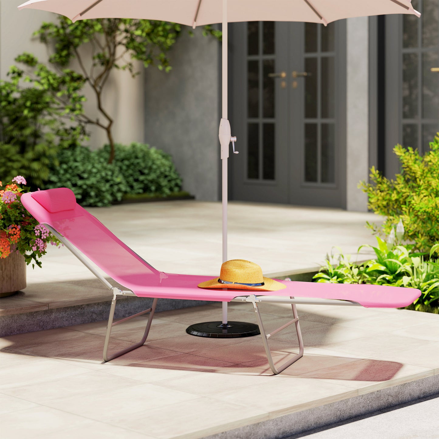 Adjustable Sun Bed Garden Lounger Recliner Relaxing Camping Pink