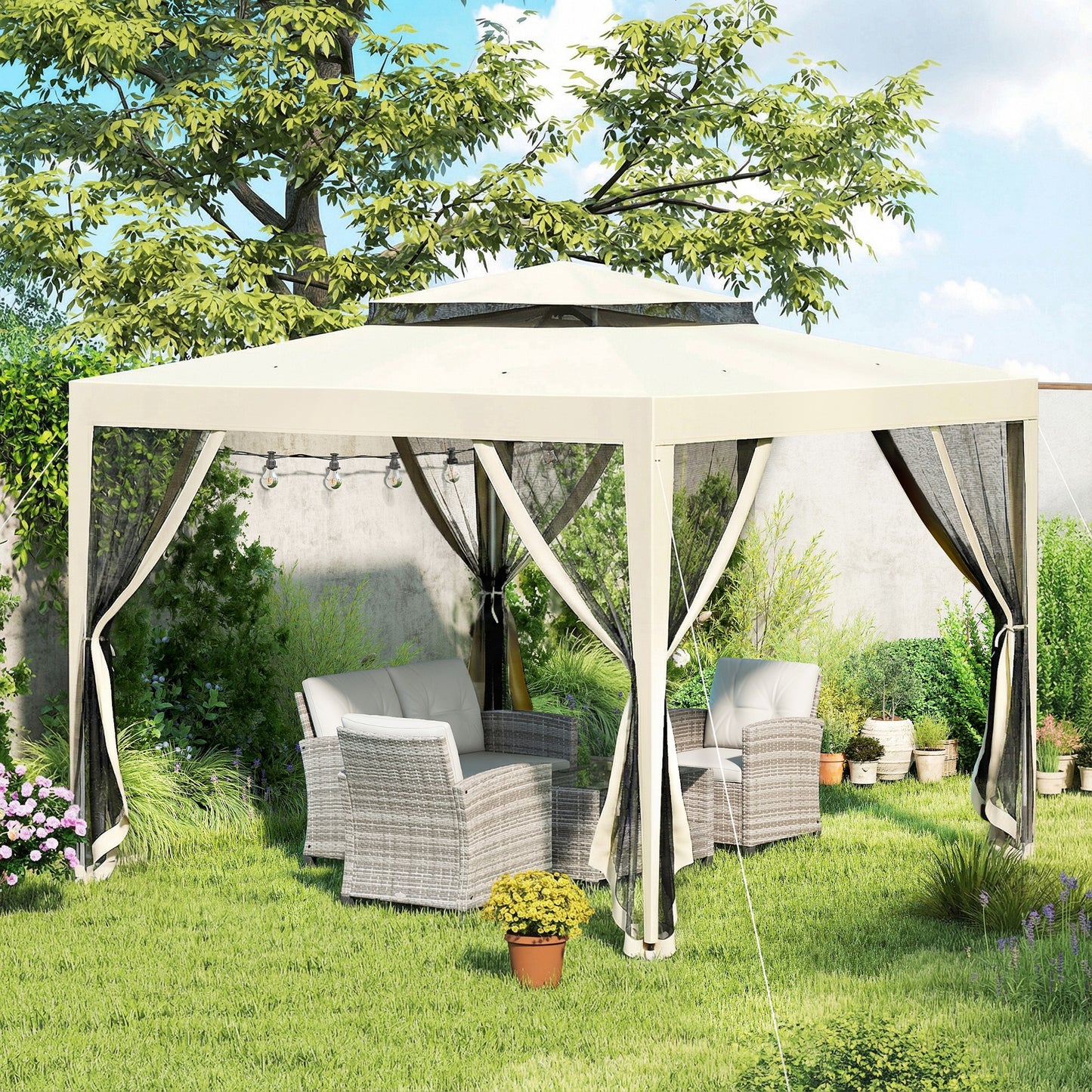3 x 3 m Gazebo, Netting Party Tent w/ Double Tier Roof, Beige