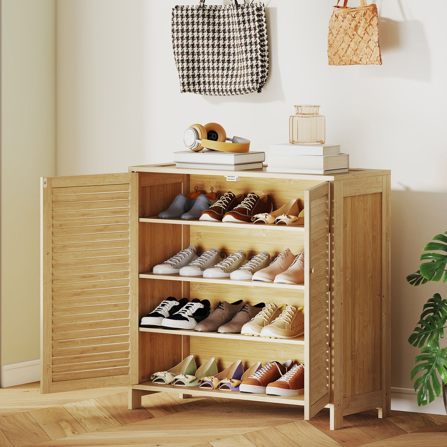 Bamboo Shoe Cabinet with Louvered Doors 14 Pairs Shoe Storage Cabinet