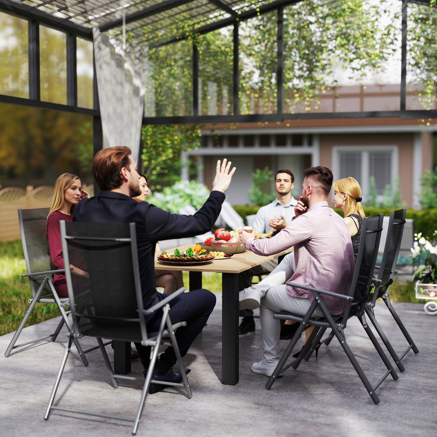 Garden Table with Parasol Hole, Slatted Metal Tabletop, Brown