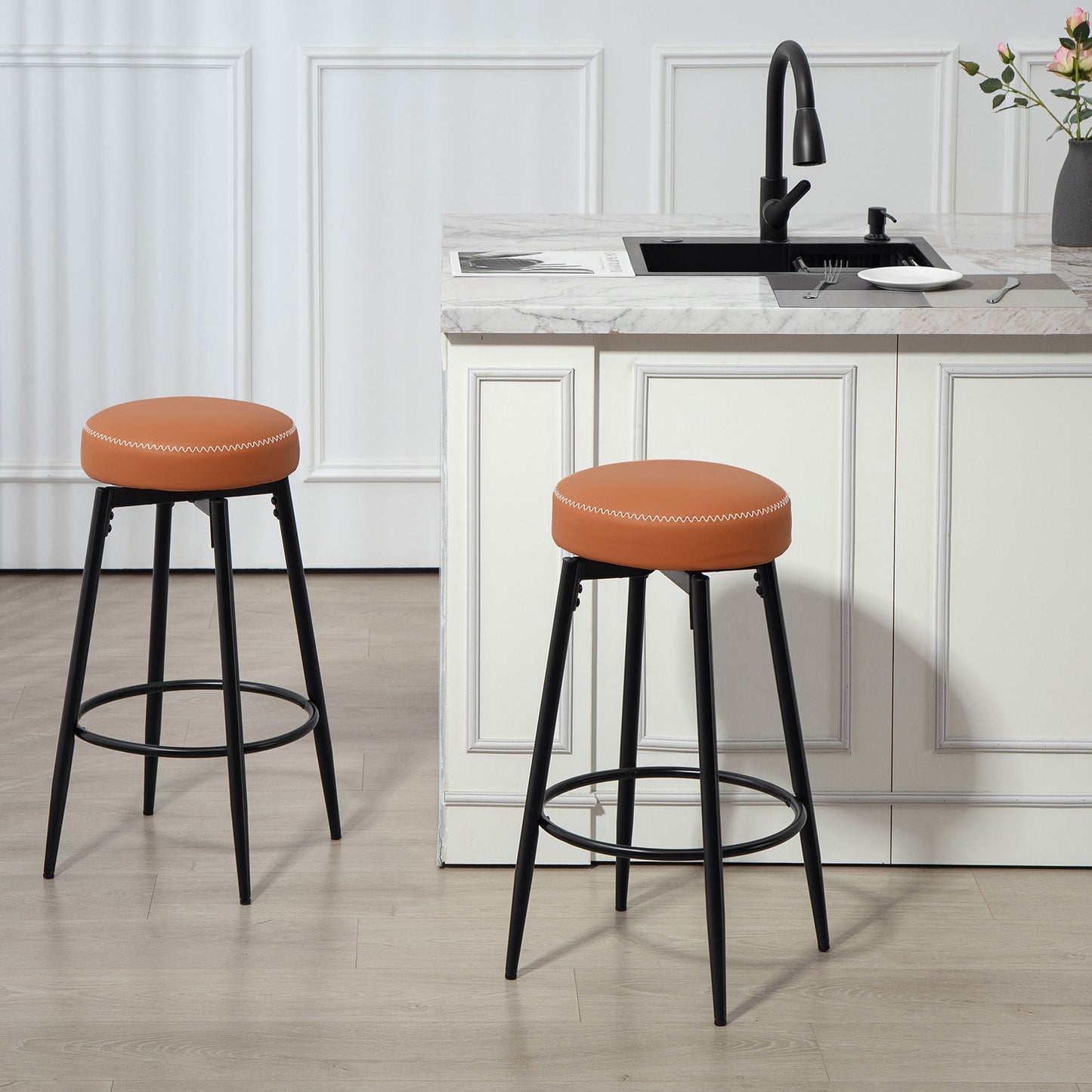 Swivel Bar Stools Set of 2, PU Leather Barstools with Footrest