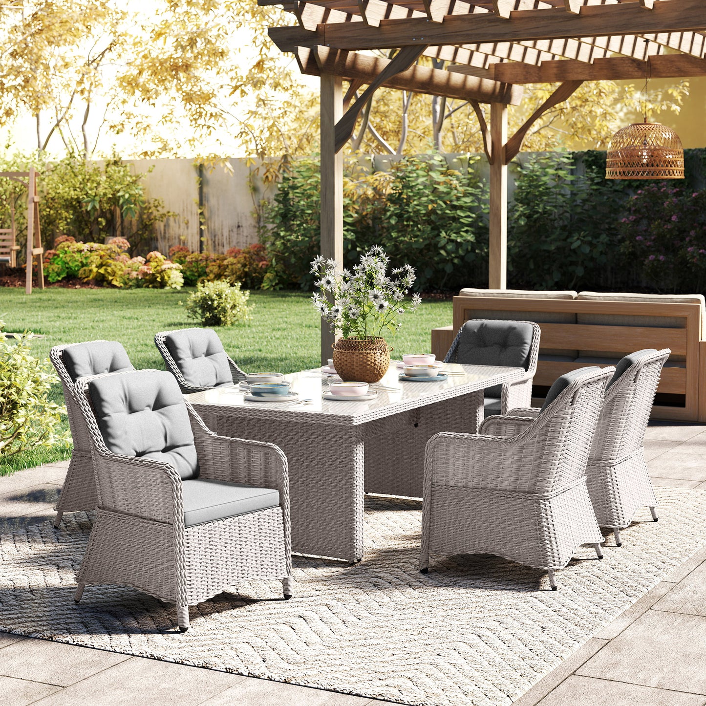 6 Seater Rattan Dining Set with Glass Top Table and Cushions, Grey