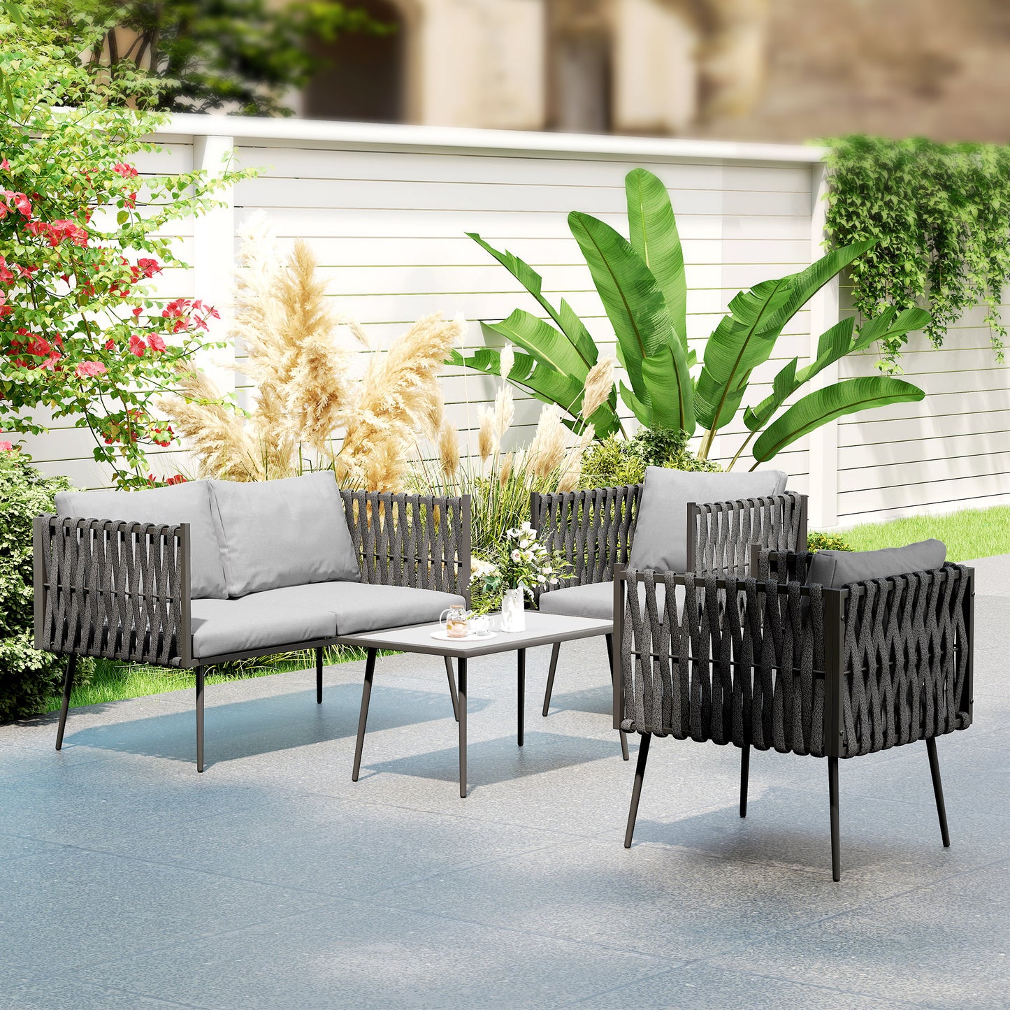 4 Piece Garden Furniture Set with Cushions for Patio, Light Grey